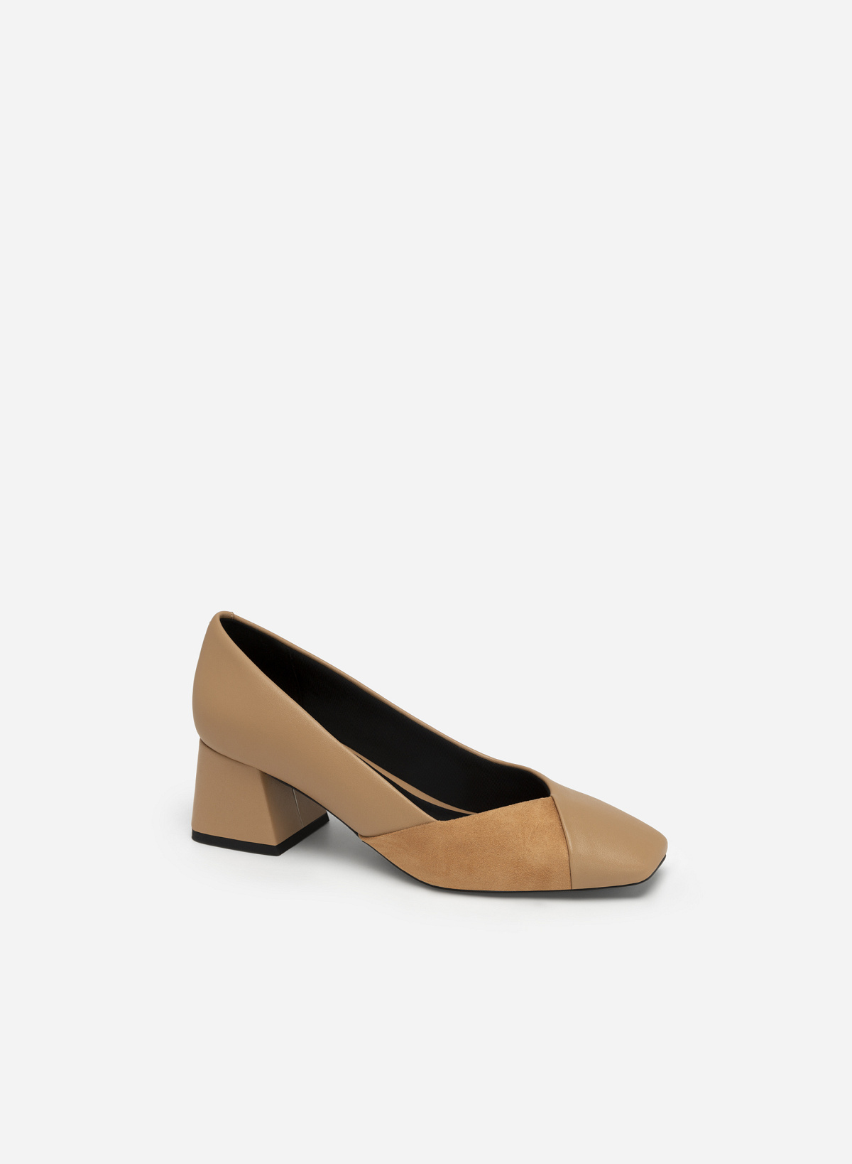 Block Heel Square Toe Mixed Pumps - HIG 0547 - Dark Beige - vascara.com