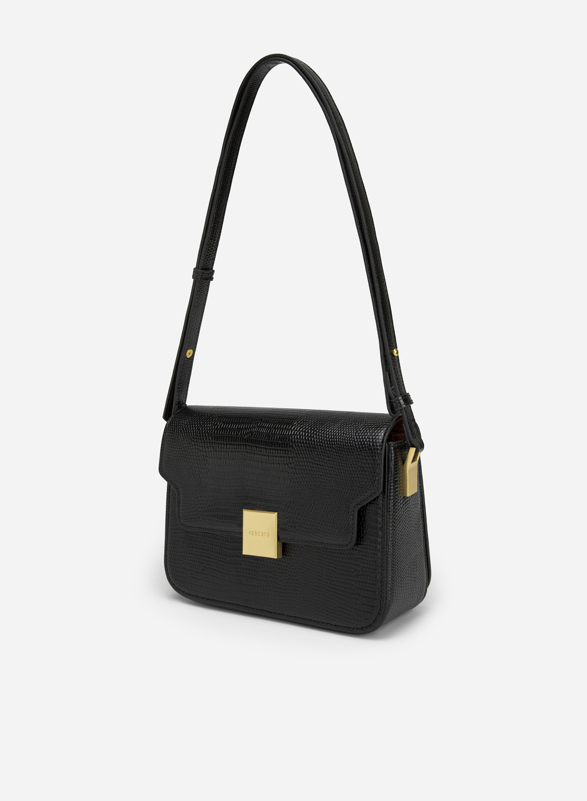 Square Lock Lizard-effect Flap Crossbody Bag - MES 0206 - Black - vascara.com