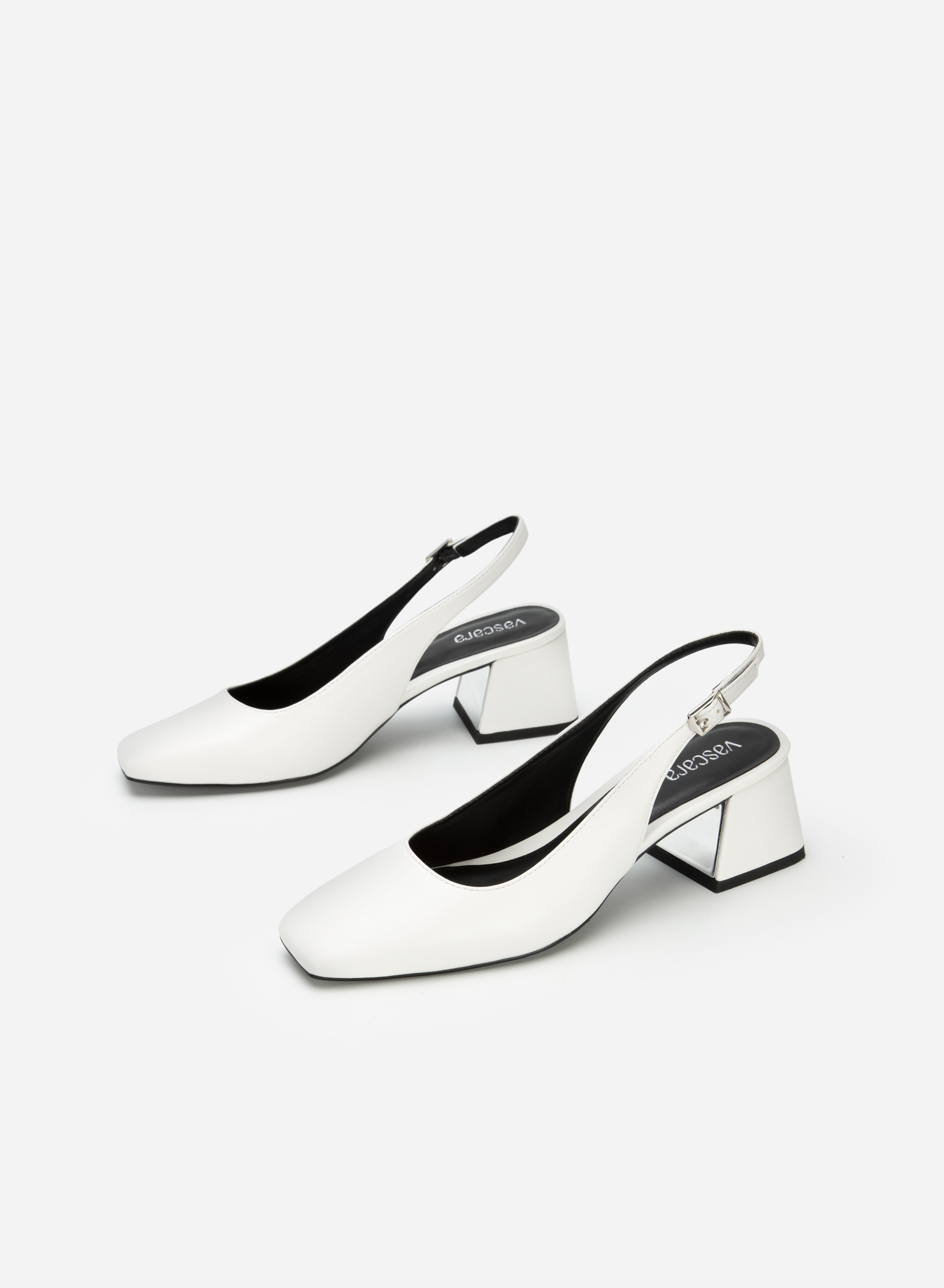 Block Heel Square Toe Slingbacks - HIG 0519 - White | VASCARA