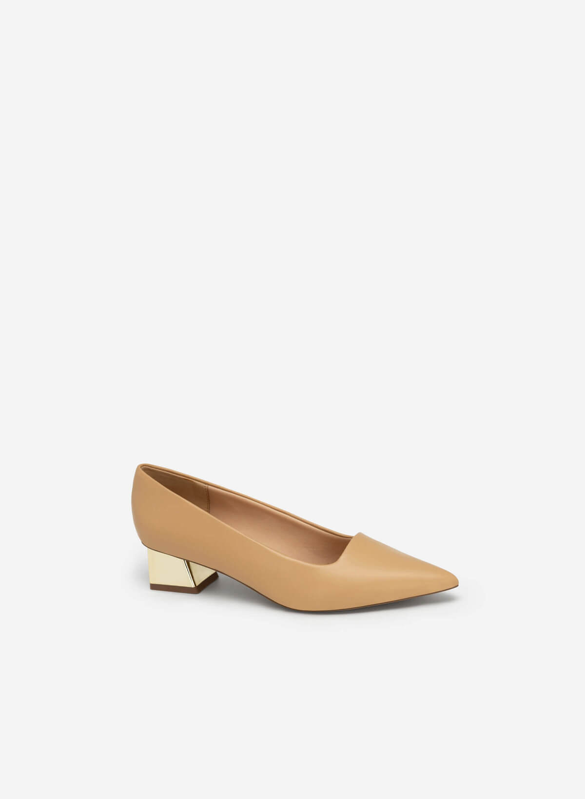 Gold Mirror Block Heel Pointed Toe Pumps - HIG 0535 - Beige - vascara.com