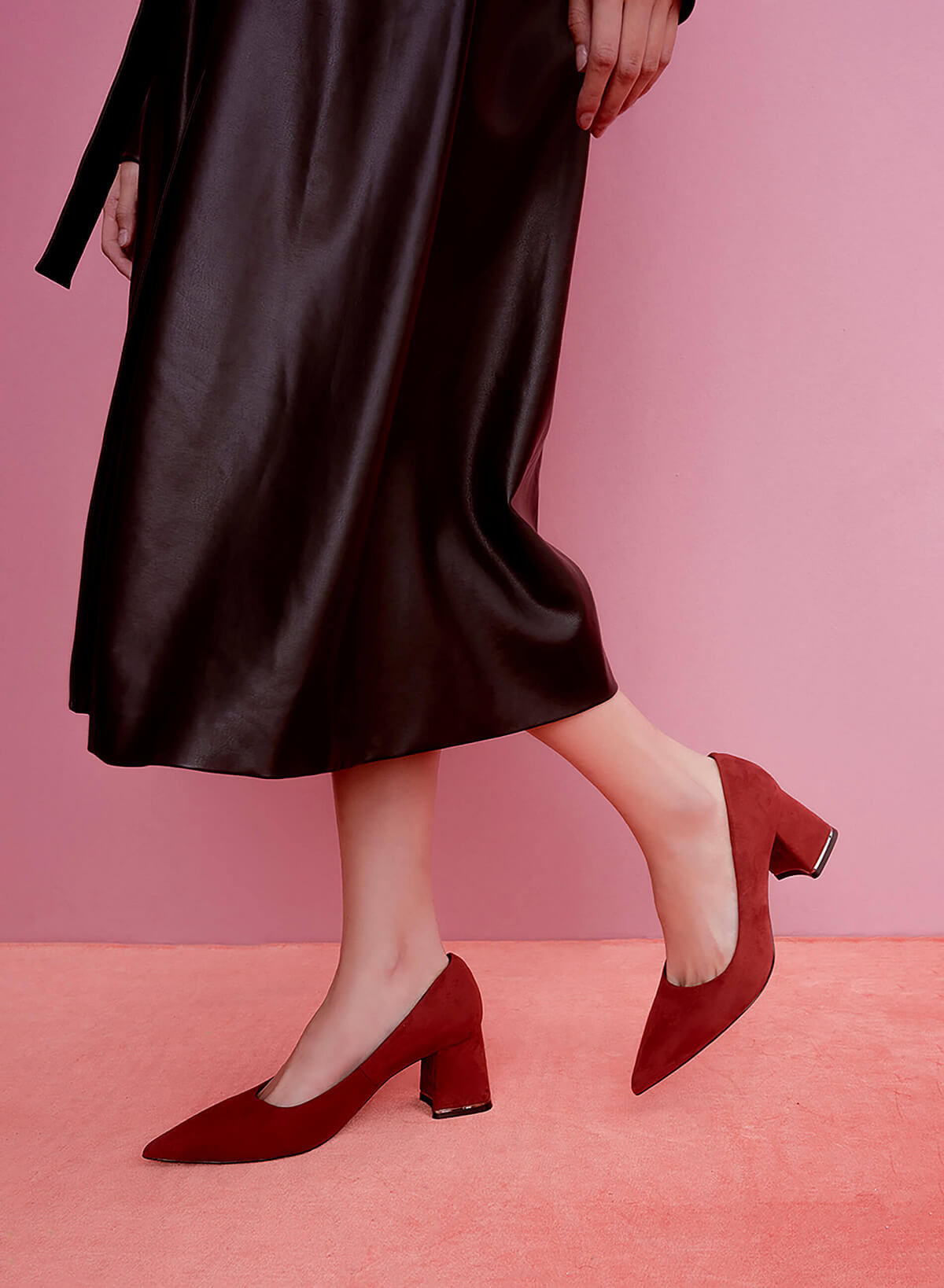 Mirror Edge Block Heel Pointed Toe Pumps - HIG 0554 - Bordeaux - vascara.com