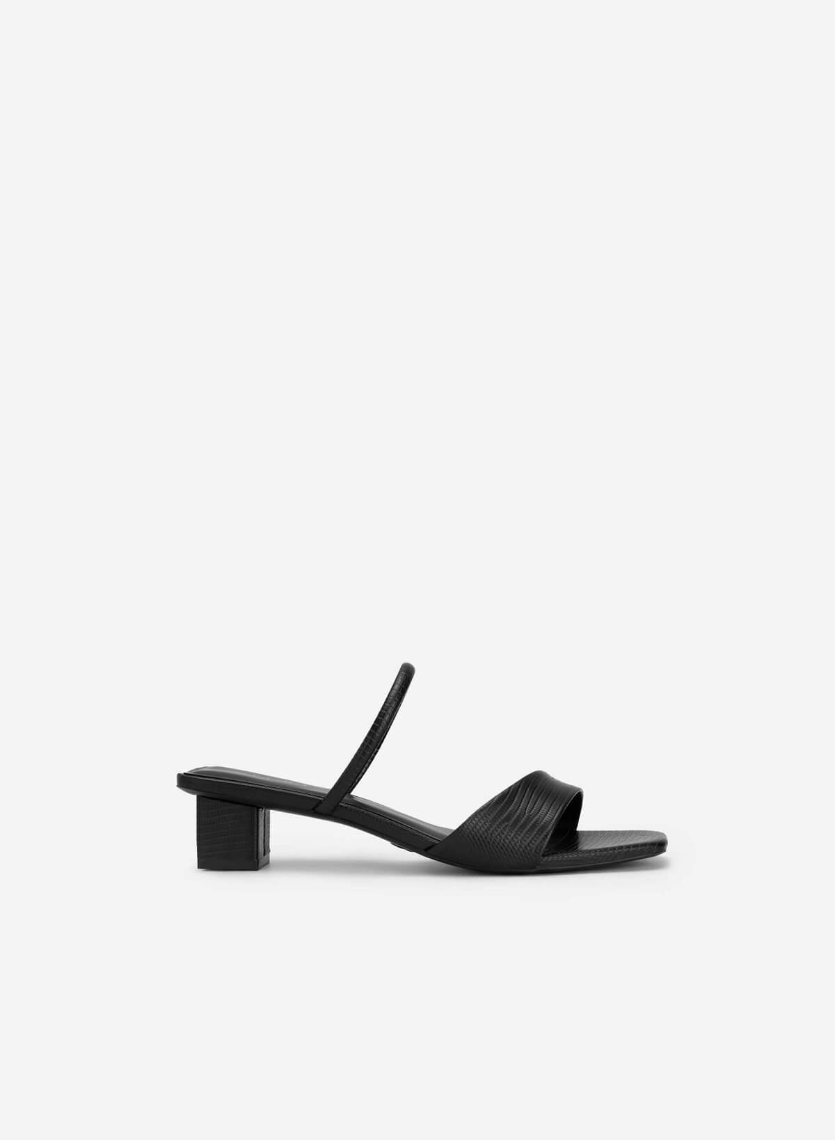 Lizard-effect Strap Block Heel Mules - MUL 0191 - Black - vascara.com