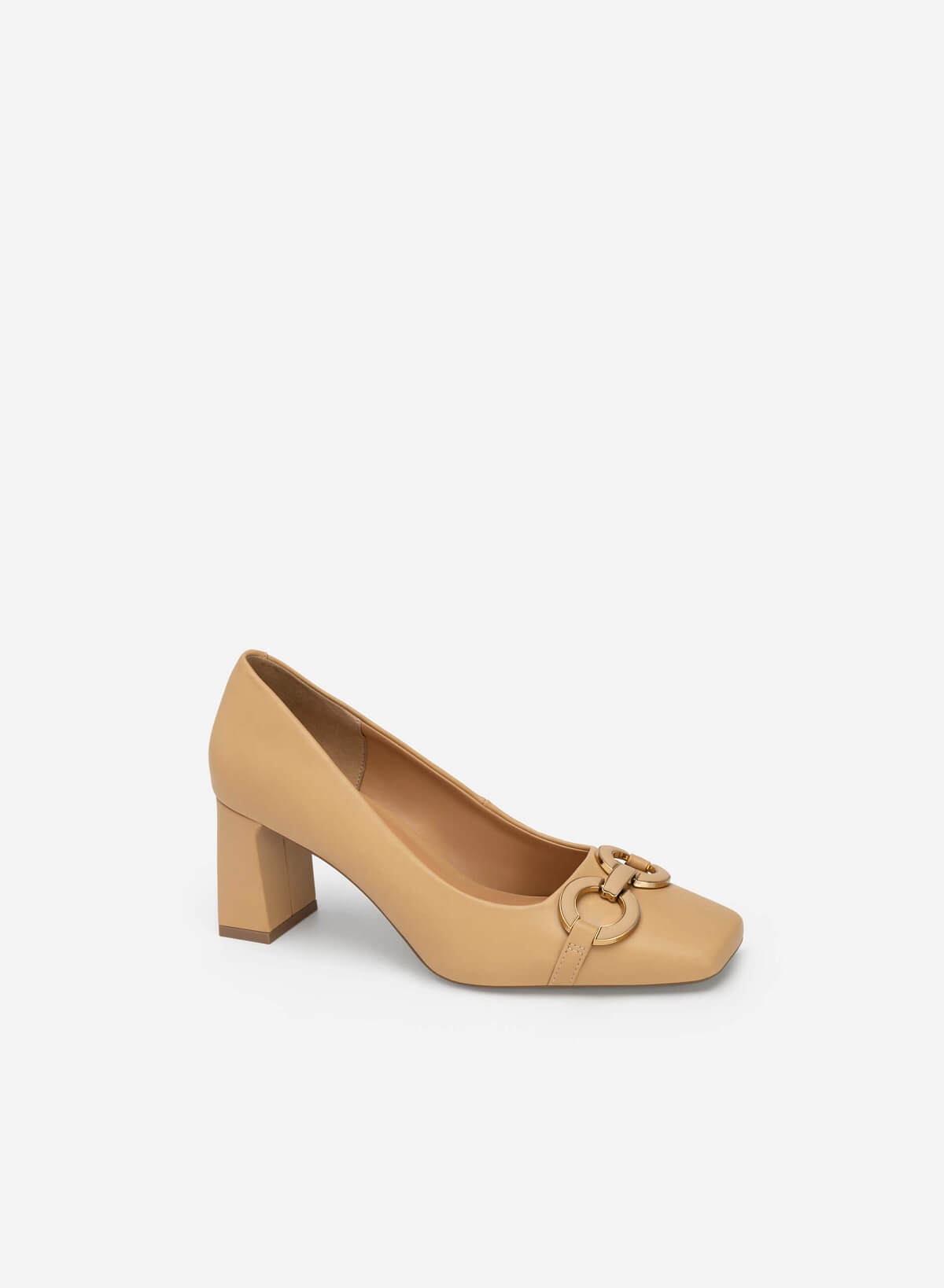 Gold Buckle Heel Square Toe Shoes - HIG 0562 - Beige - vascara.com