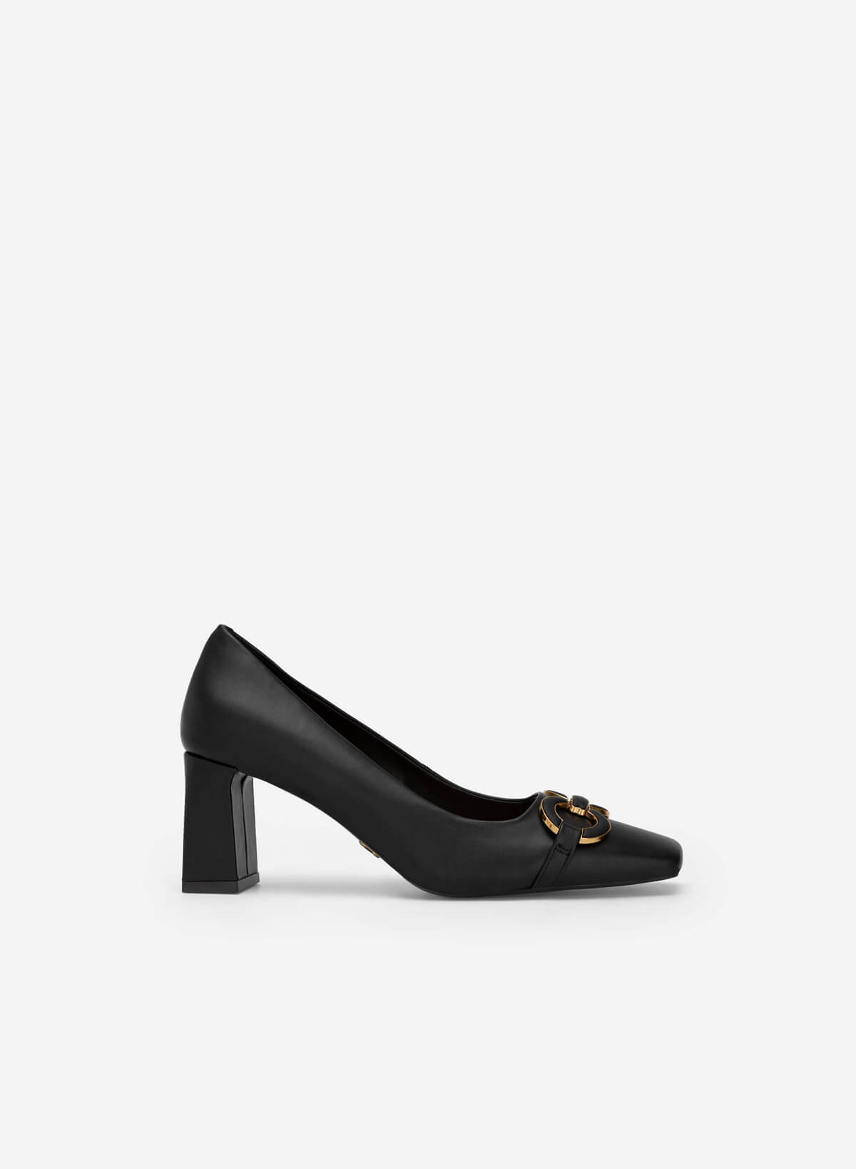 Gold Buckle Heel Square Toe Shoes - HIG 0562 - Black | VASCARA