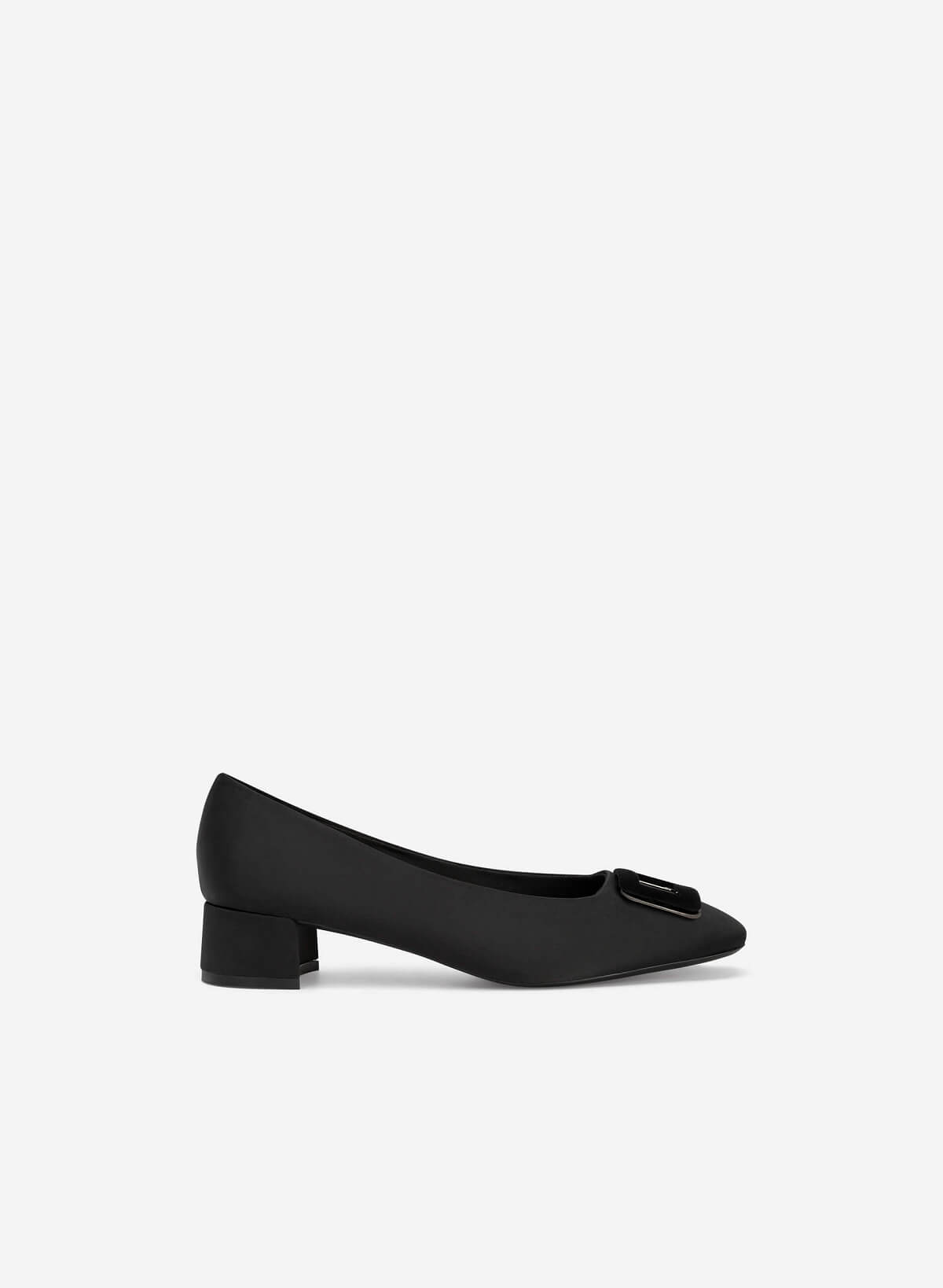 Metal Lock Velvet Décor Satin Pumps - HIG 0584 - Black - vascara.com