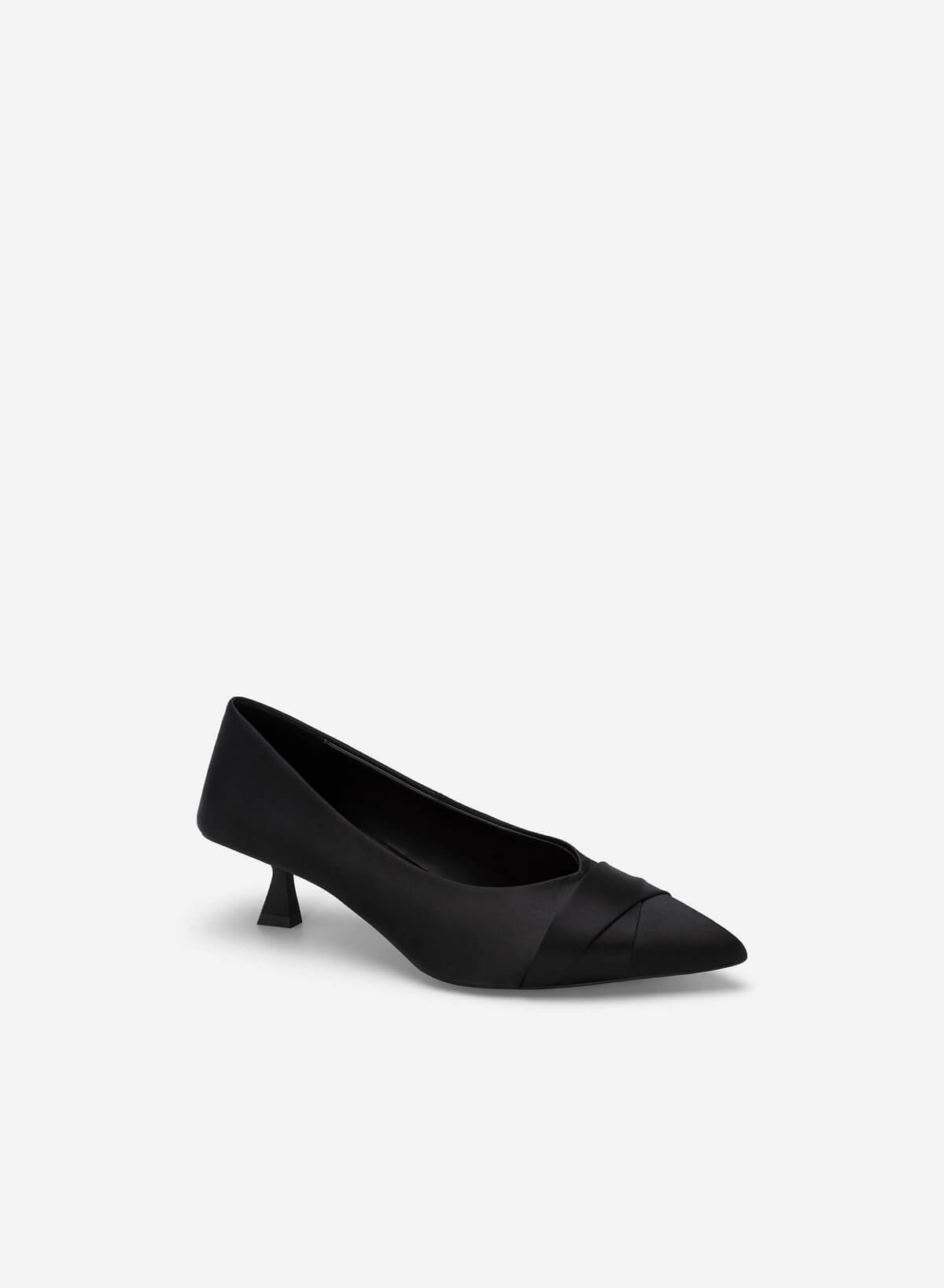 Pointed Toe Pleated Spool Heel Satin Pumps - HIG 0604 - Black - vascara.com