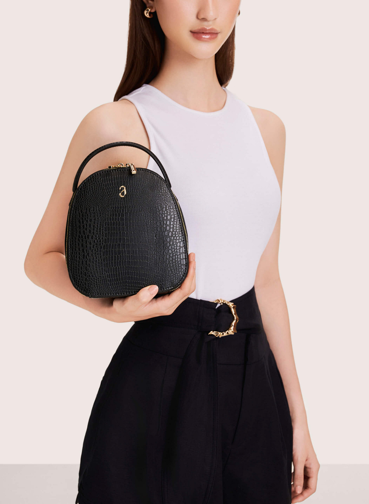 Croc-effect Mini Backpack - BAK 0181 - Black - vascara.com