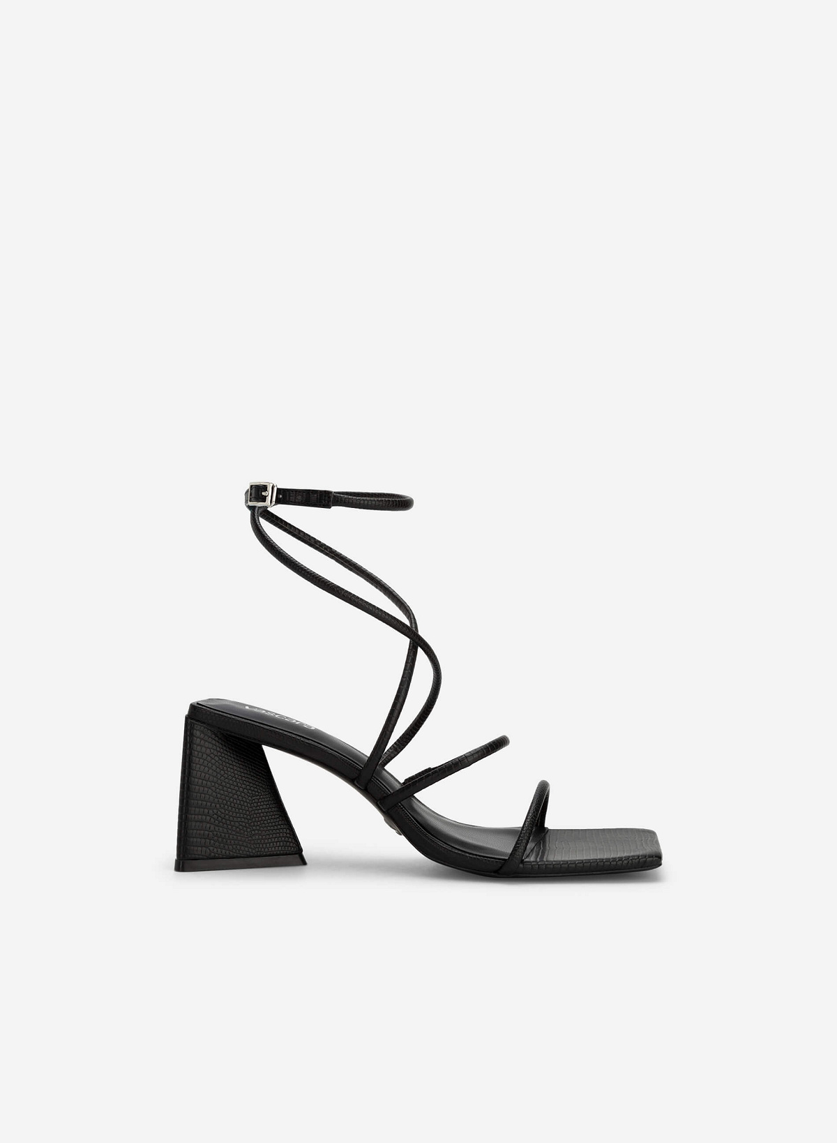 Lizard-effect Ankle Strap Block Heel Sandals - PUM 0738 - Black - vascara.com