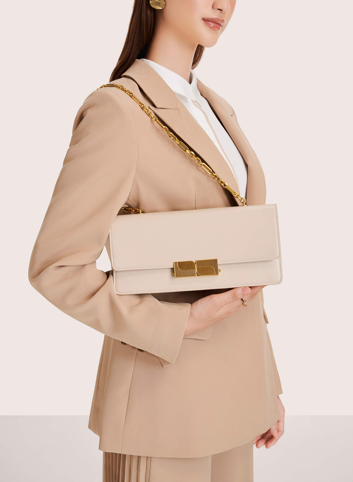 Stripe Décor Metal Lock Handbag - SAC 0315 - Cream - vascara.com