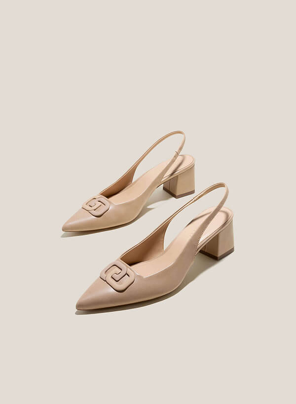 Lock Décor Block Heel Slingbacks Hig 0605 Beige Vascara