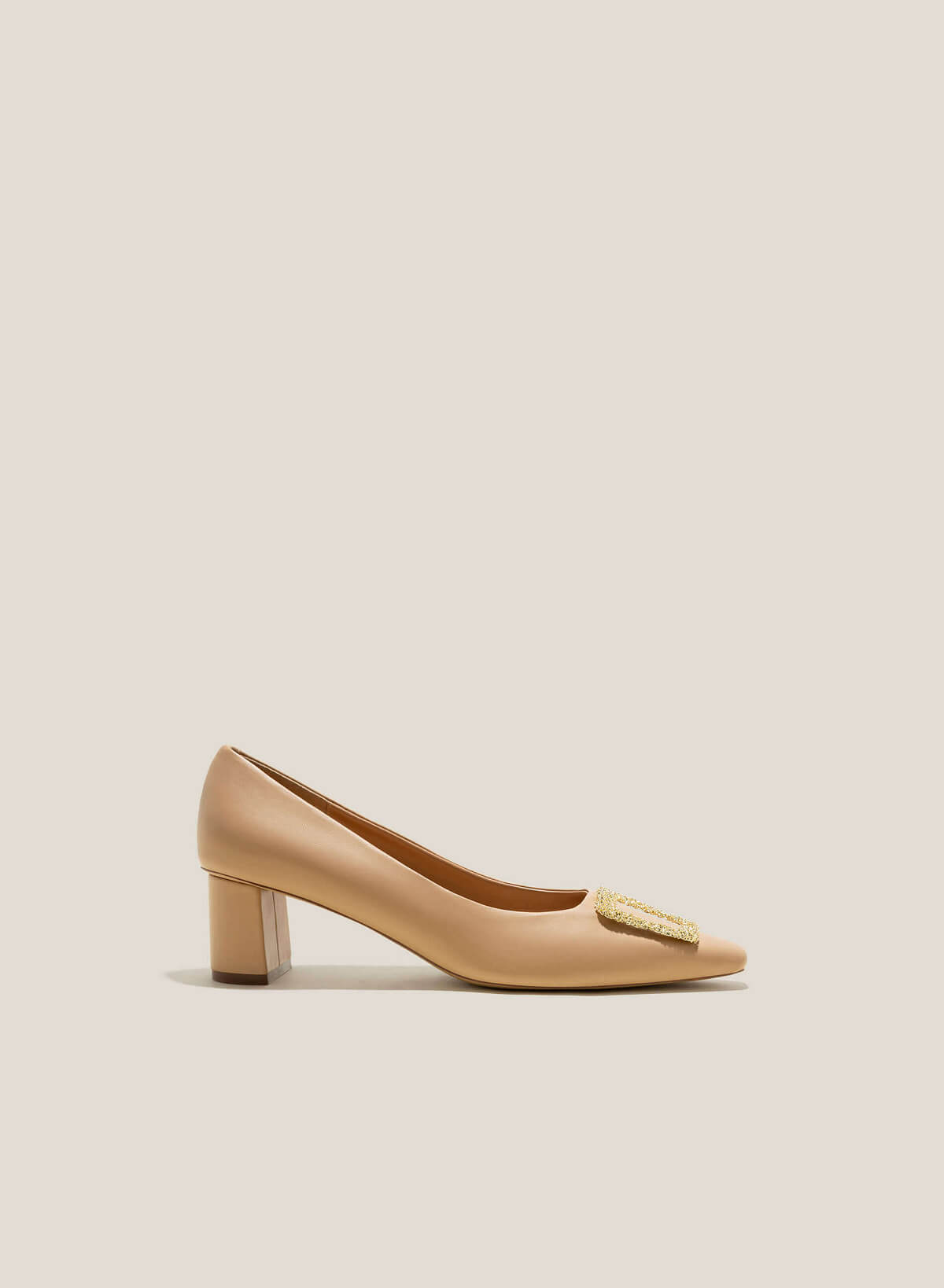 Lock Décor Pointed-Toe Block Heel Pumps - HIG 0609 - Beige - vascara.com