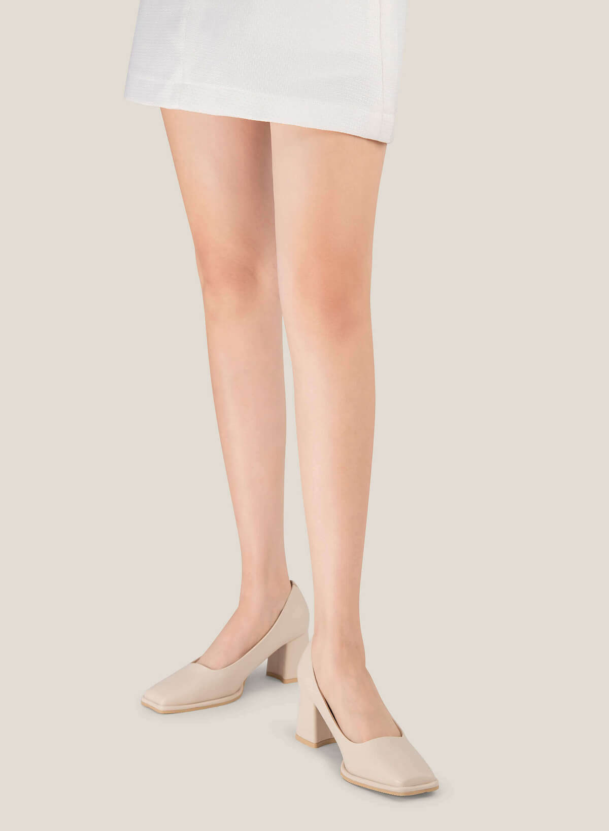 Square-Toe Block Heel Pumps - HIG 0601 - Cream - vascara.com