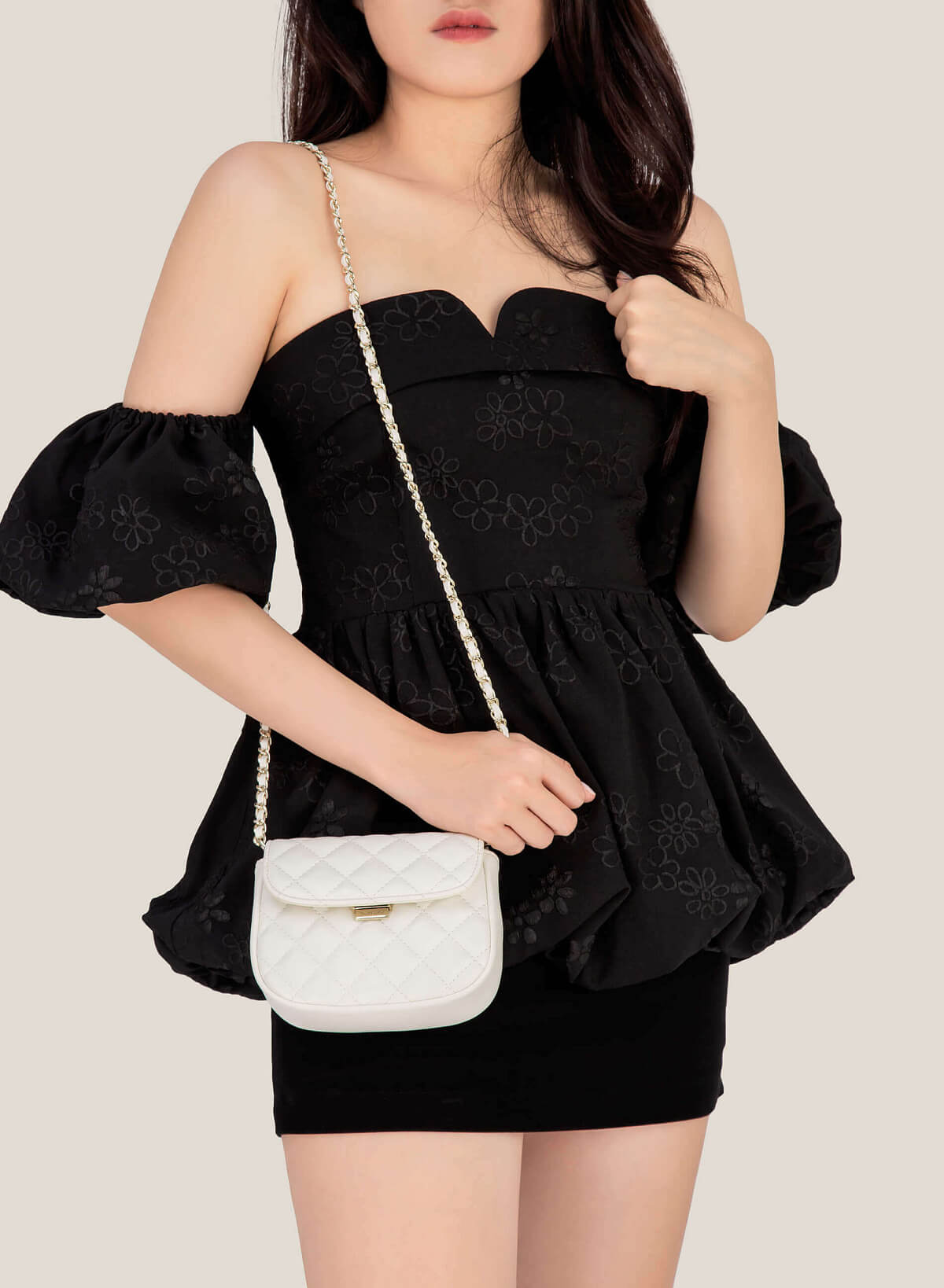 Chain Décor Quilted Crossbody Bag - MES 0214 - Cream - vascara.com