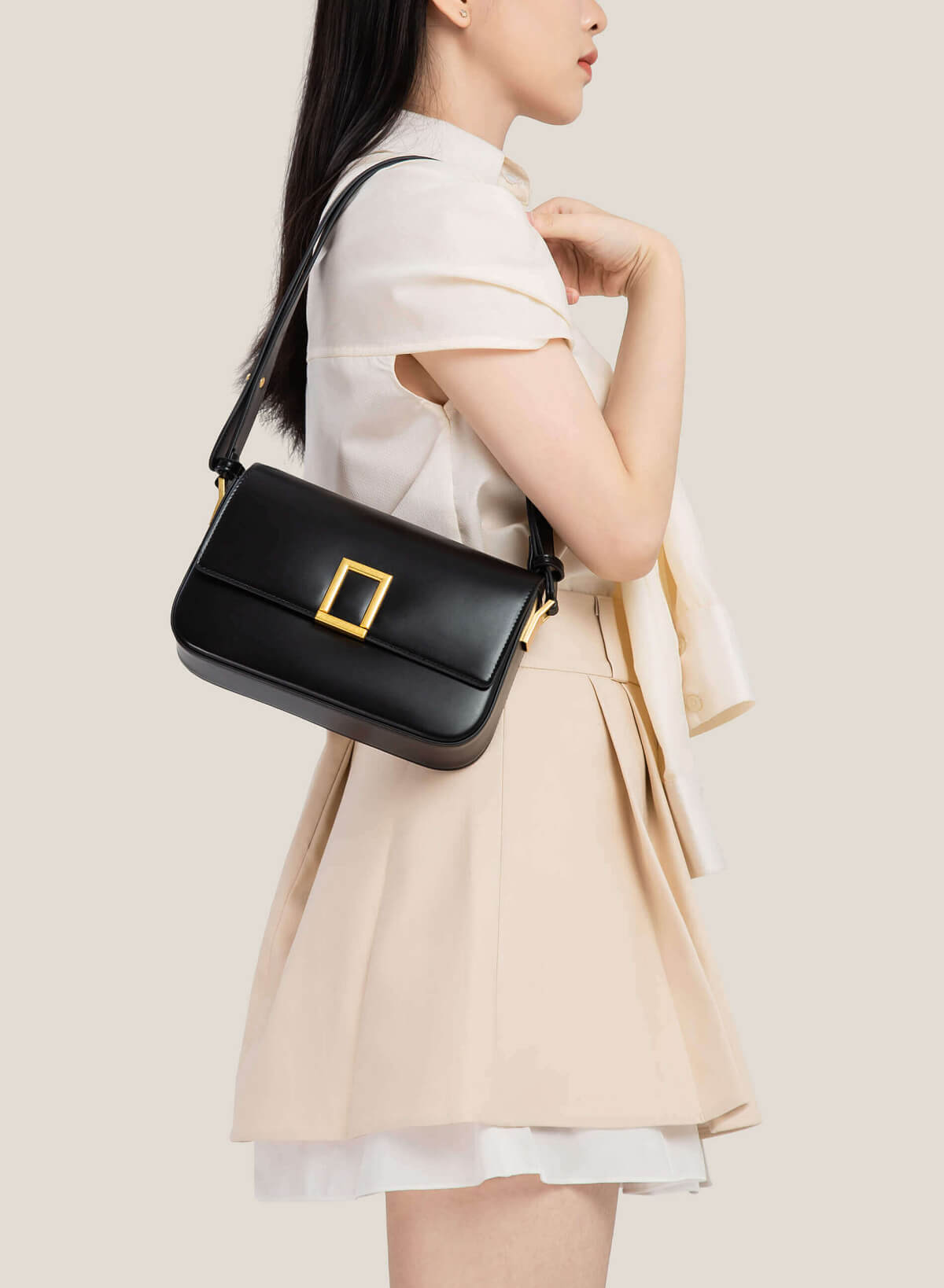 Geometric Lock Crossbody Bag - MES 0226 - Black - vascara.com