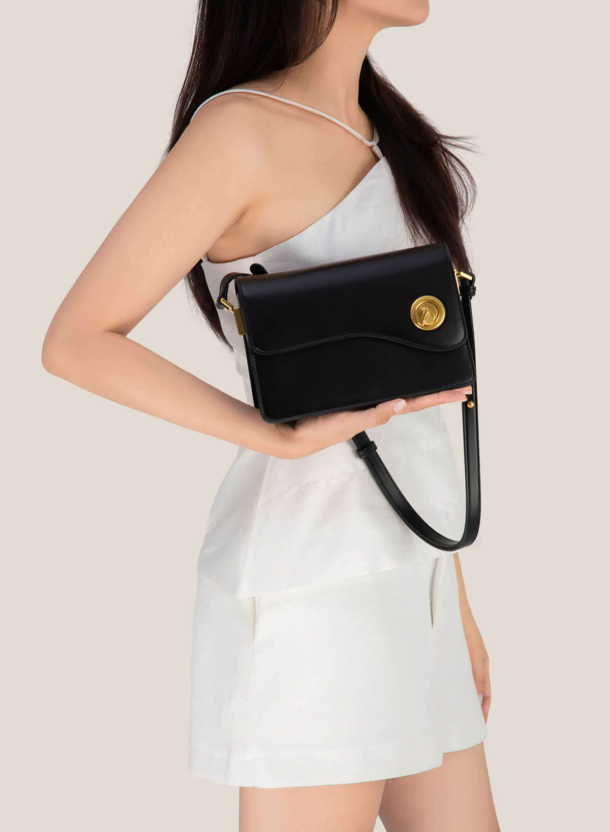 Metal Lock Fold-Over Flap Crossbody Bag - MES 0225 - Black - vascara.com