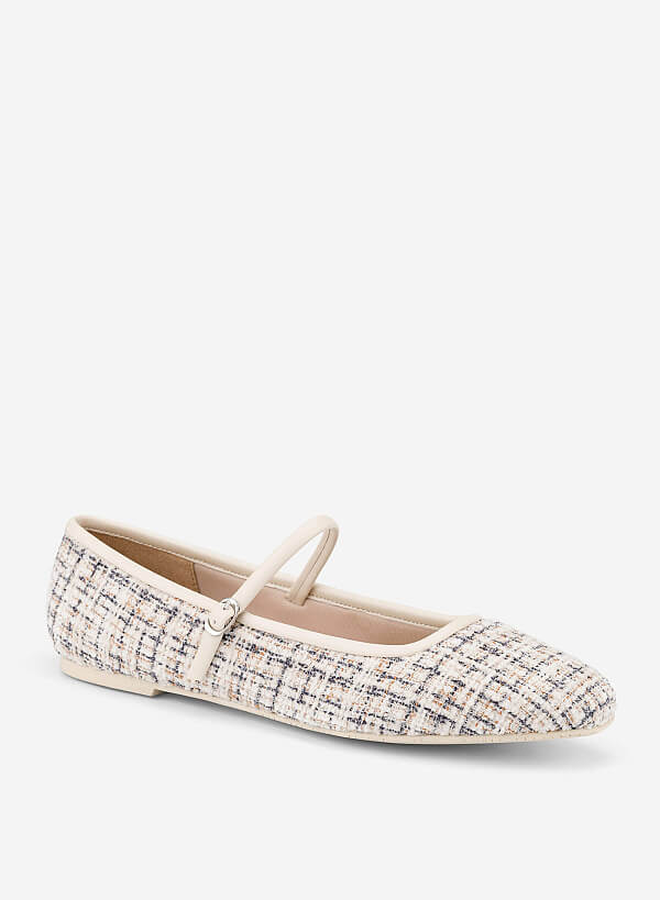 Giày mary janes ballerina phối vải tweed