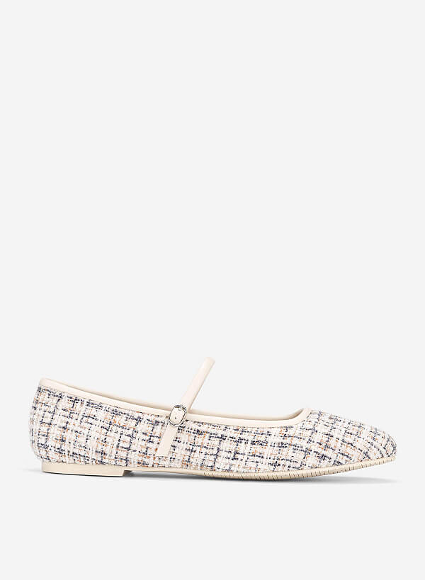 Giày mary janes ballerina phối vải tweed