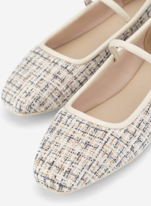 Giày mary janes ballerina phối vải tweed - GBB 0440 - Màu kem - VASCARA