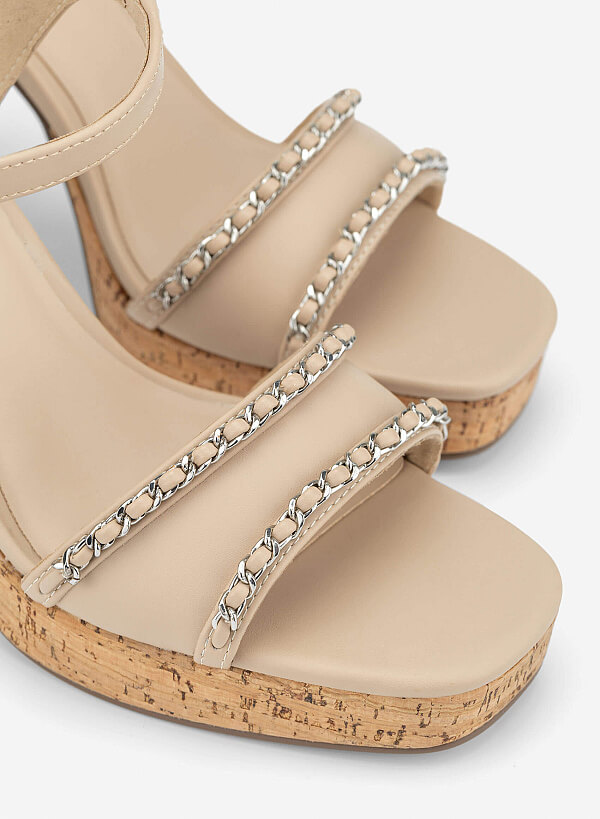 Giày sandals platform phối dây xích - SDN 0814 - Màu be - VASCARA