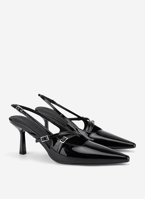 Giày slingback cao gót strappy phối buckle - BMN 0706 - Màu đen - VASCARA