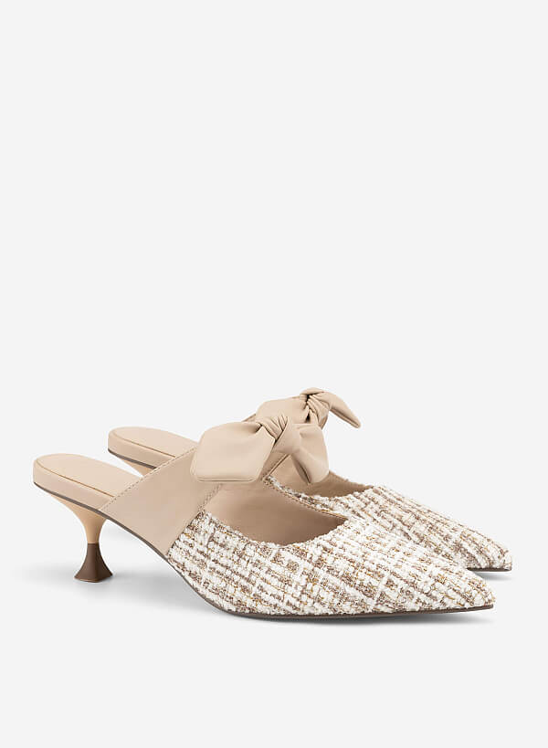 Guốc mules phối vải tweed quai thắt nơ - GNN 0219 - Màu be - VASCARA