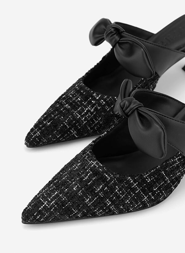 Guốc mules phối vải tweed quai thắt nơ - GNN 0219 - Màu đen - VASCARA