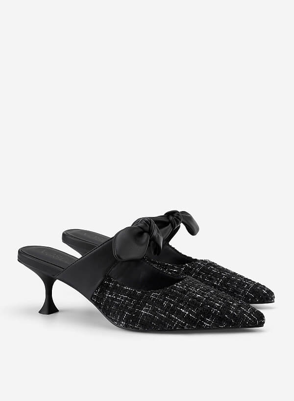 Guốc mules phối vải tweed quai thắt nơ - GNN 0219 - Màu đen - VASCARA