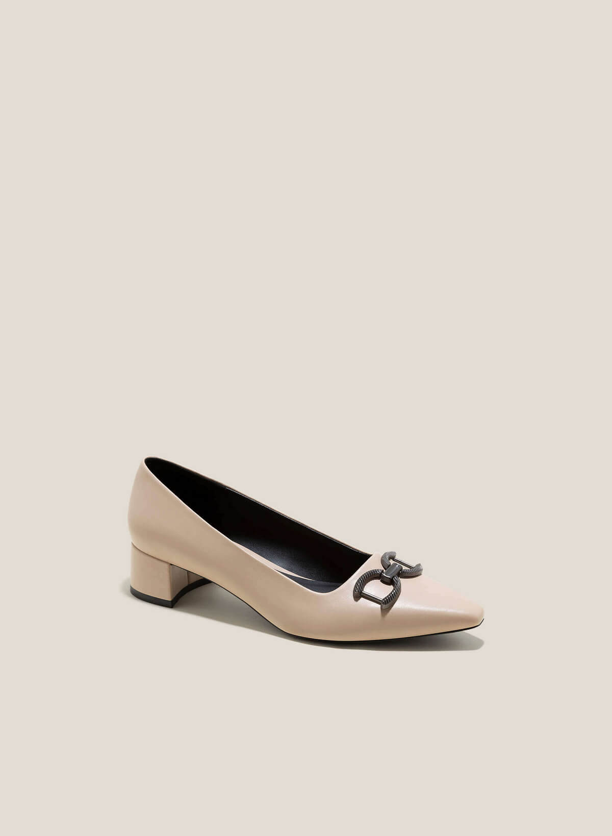 Aluminum Effect Buckle Pointed Toe Pumps - HIG 0617 - Beige - vascara.com