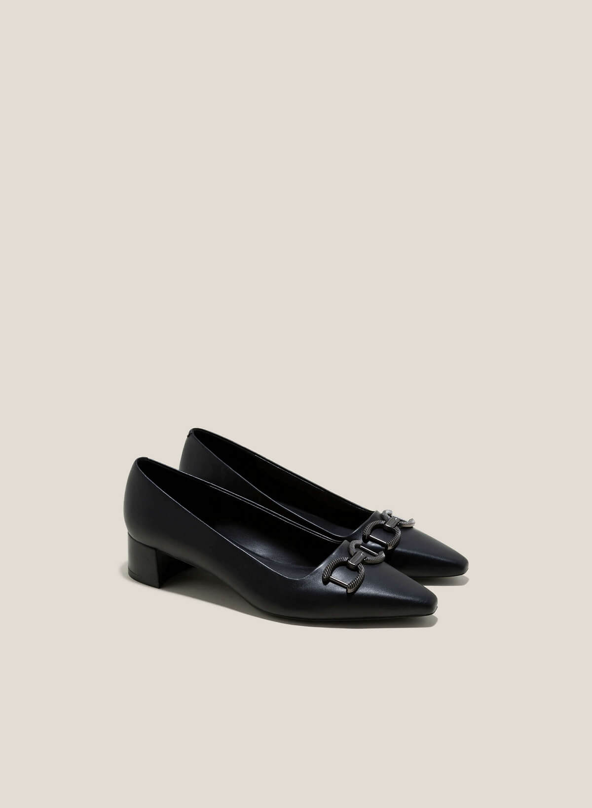 Aluminum Effect Buckle Pointed Toe Pumps - HIG 0617 - Black - vascara.com