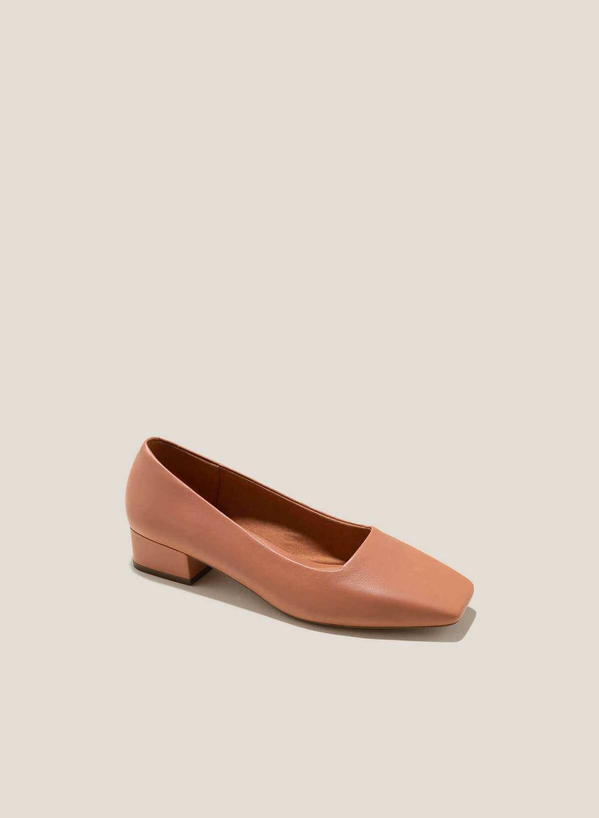 Leather Square-Toe Block Heel Pumps - HIG 0614 - Light Brown - vascara.com