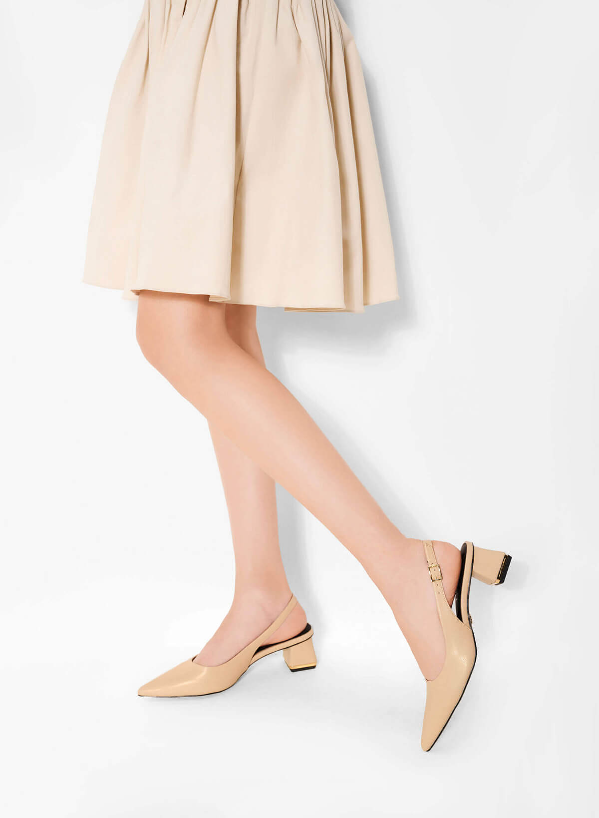 Metal Trim Block Heels Pointed-Toe Slingbacks - HIG 0624 - Beige - vascara.com