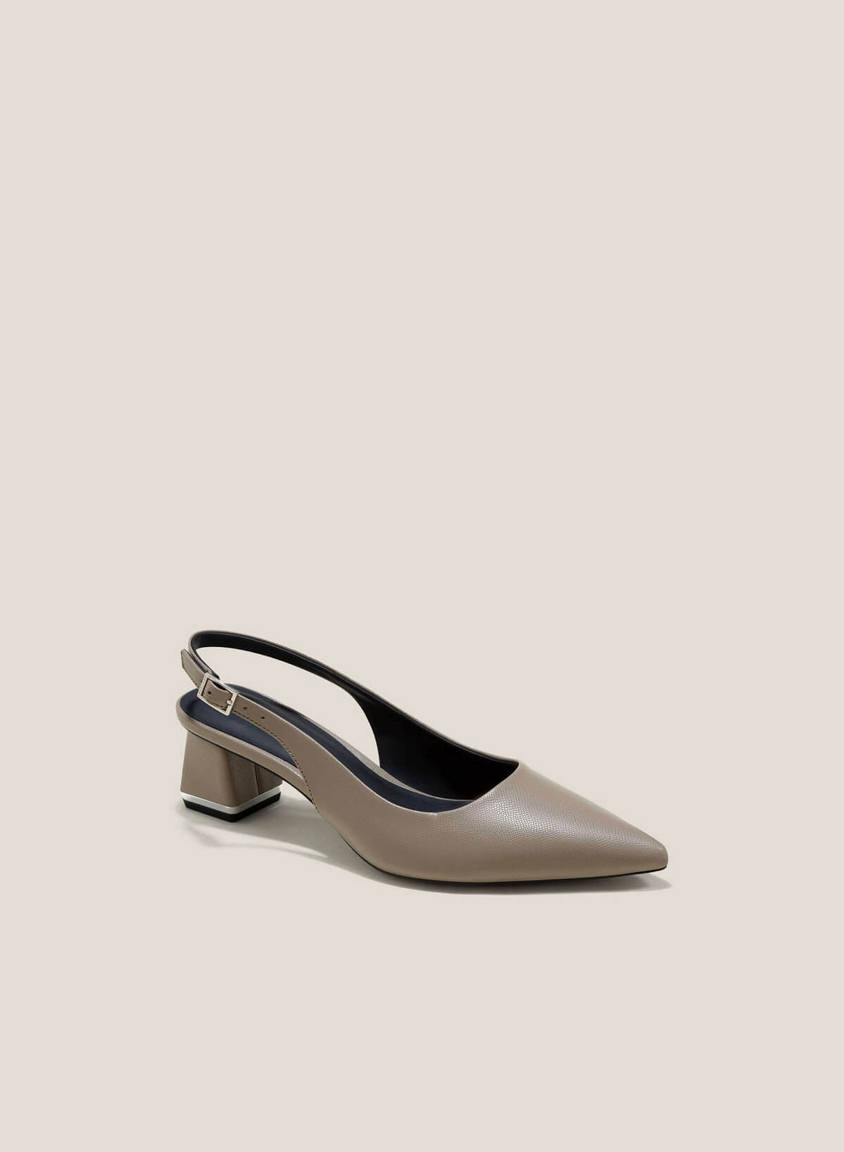 Metal Trim Block Heels Pointed-Toe Slingbacks - HIG 0624 - Light Gray - vascara.com