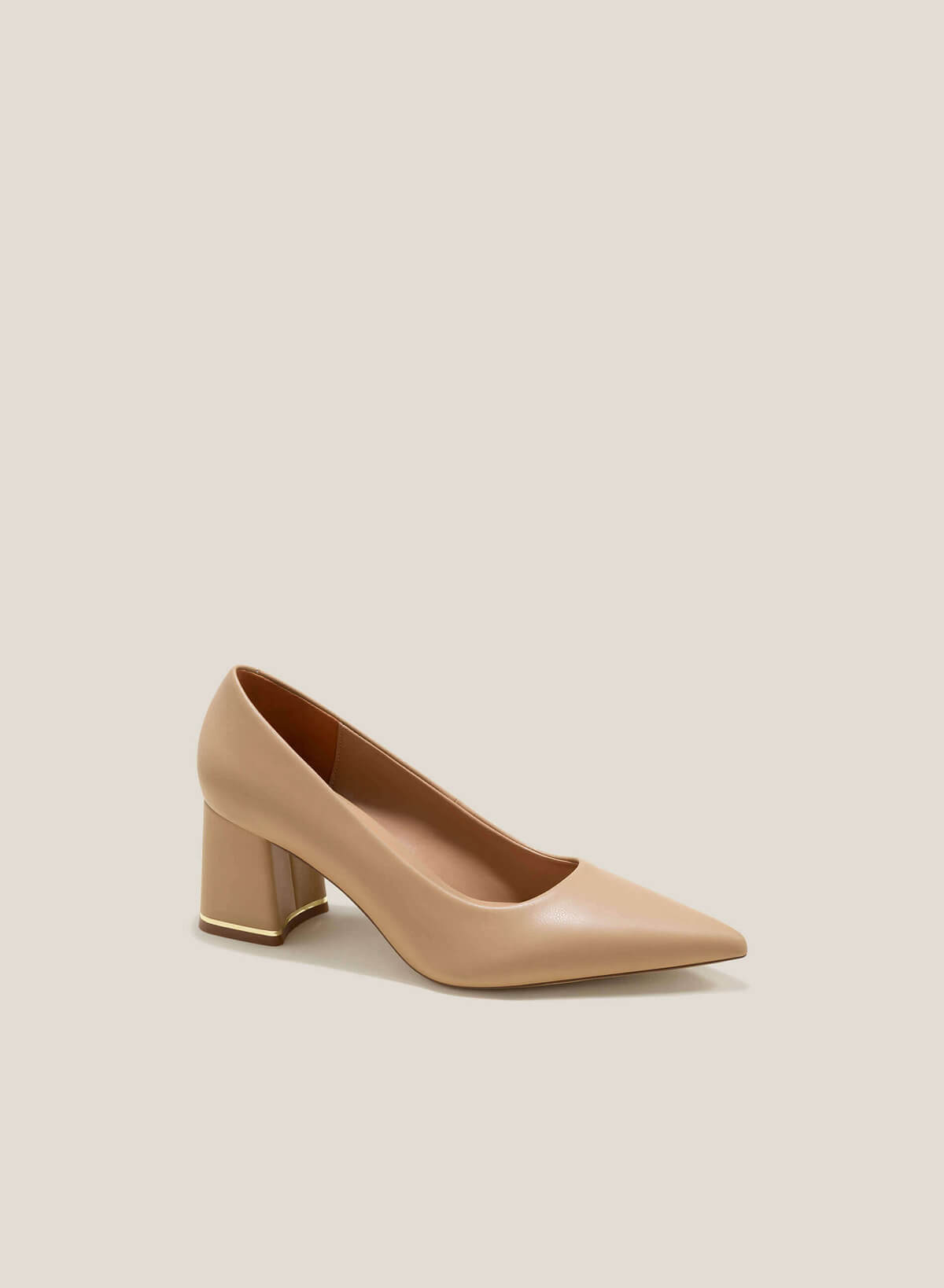 Metal Trim Pointed Toe Block Heel Pumps - HIG 0623 - Beige - vascara.com