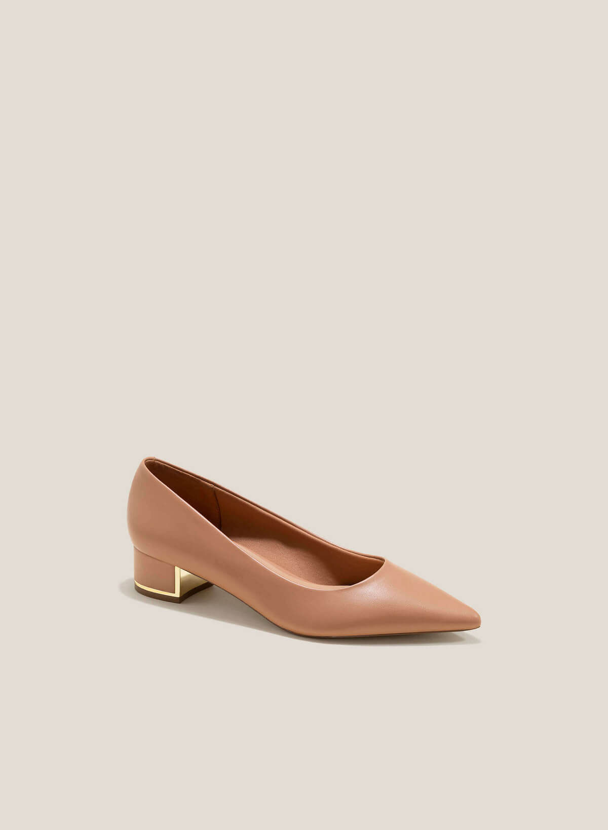 Metal Trim Pointed Toe Low Block Heel Pums - HIG 0622 - Beige - vascara.com