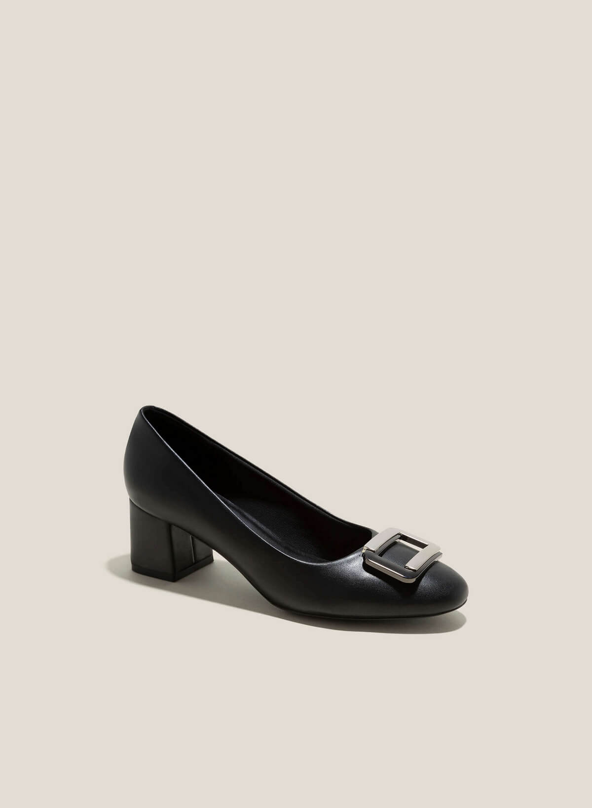 Metallic Square Buckle Round-Toe Pumps - HIG 0589 - Black - vascara.com