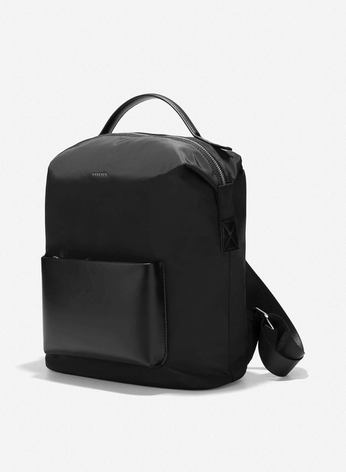 Leather Trim Parachute Fabric Backpack - BAK 0207 - Black - vascara.com