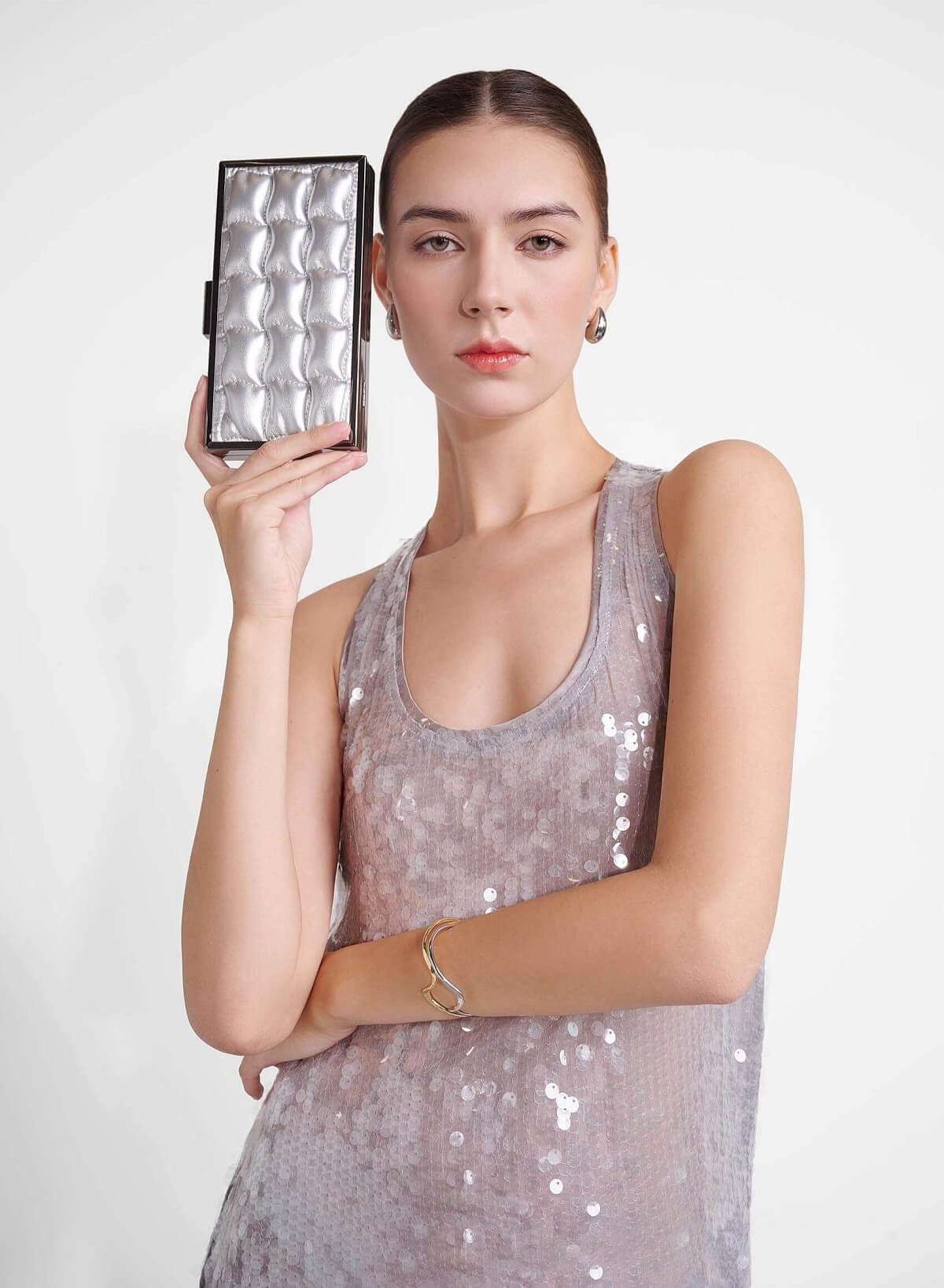 Quilted Rectangular Box Clutch - CLT 0124 - Silver - vascara.com