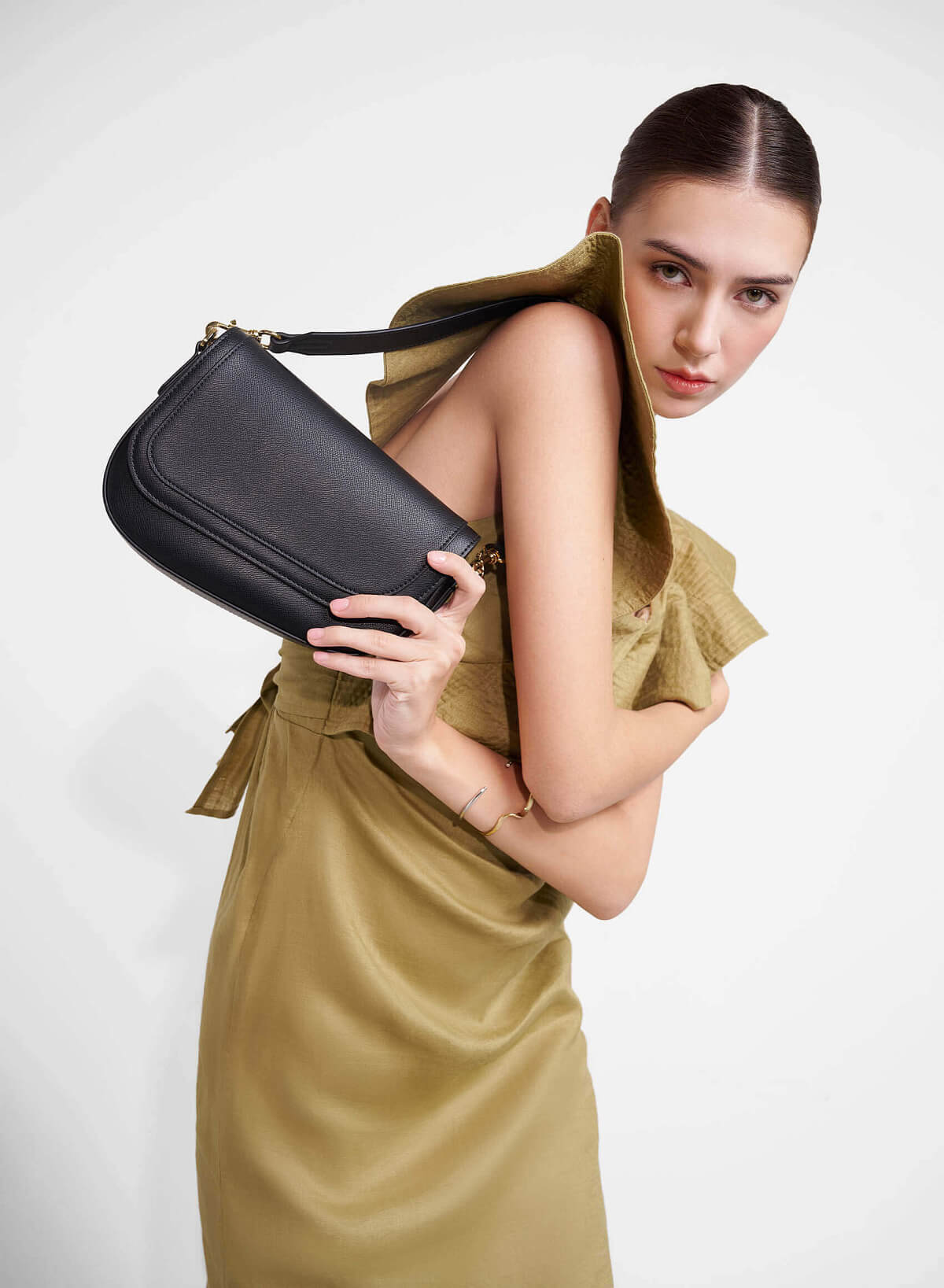 Saffiano Pattern Fold-Over Saddle Bag - SAC 0328 - Black - vascara.com