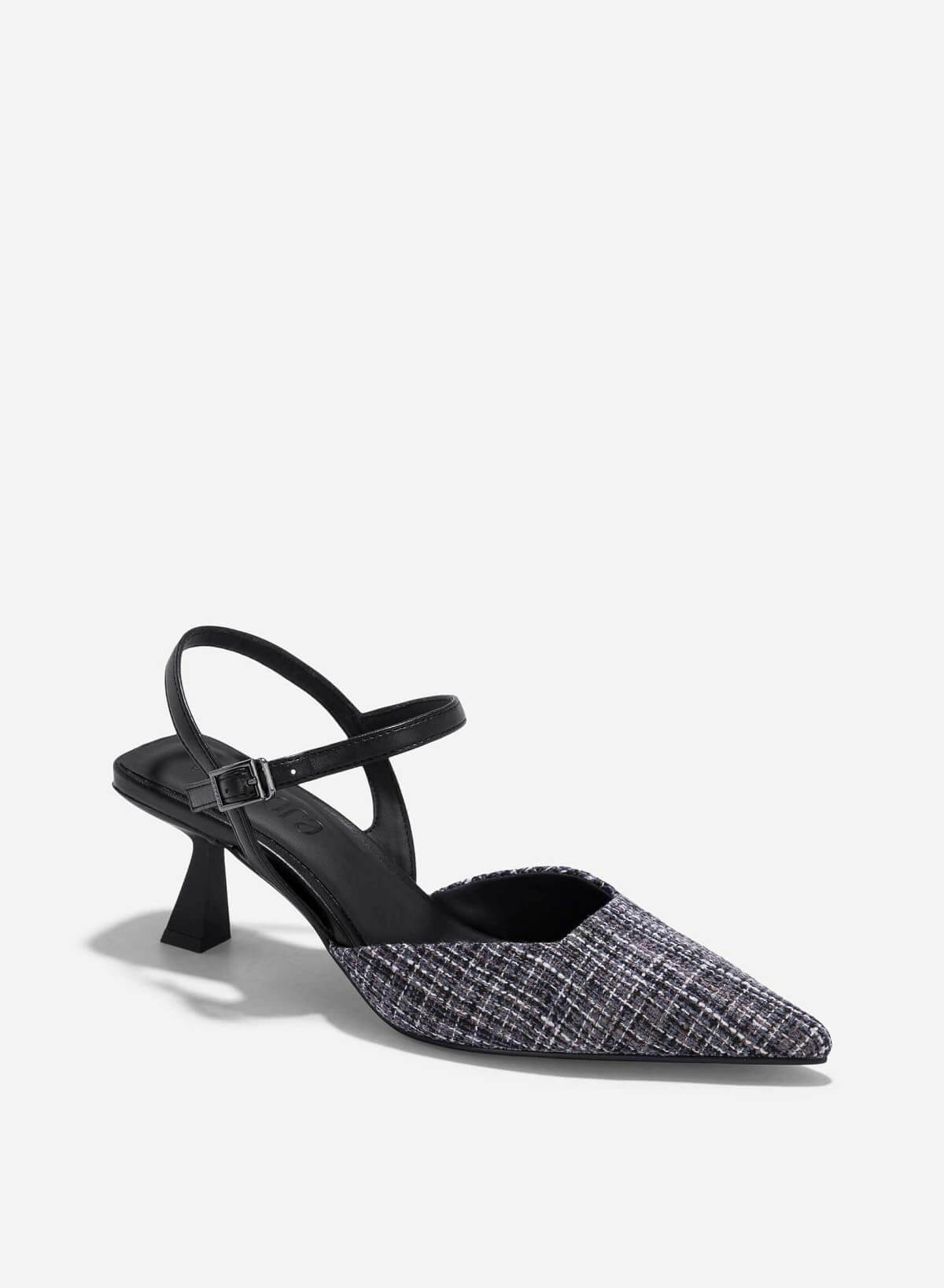 Tweed Fabric Kitten Heel Pumps - HIG 0639 - Black - vascara.com