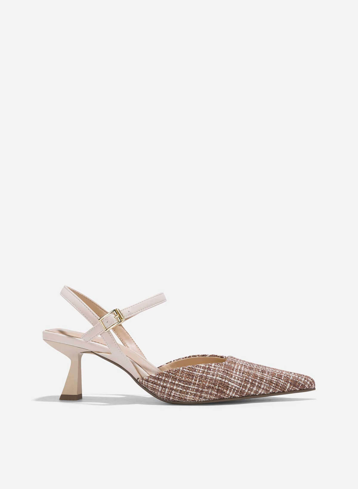 Tweed Fabric Kitten Heel Pumps - HIG 0639 - Cream | VASCARA