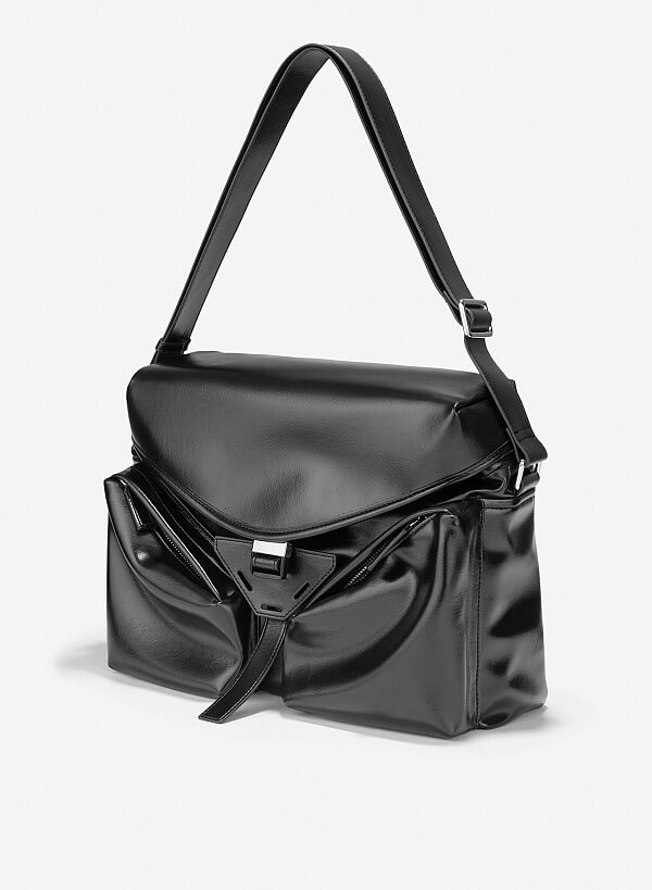Túi satchel da bóng nắp gập cá tính - SAT 0331 - Màu đen - VASCARA