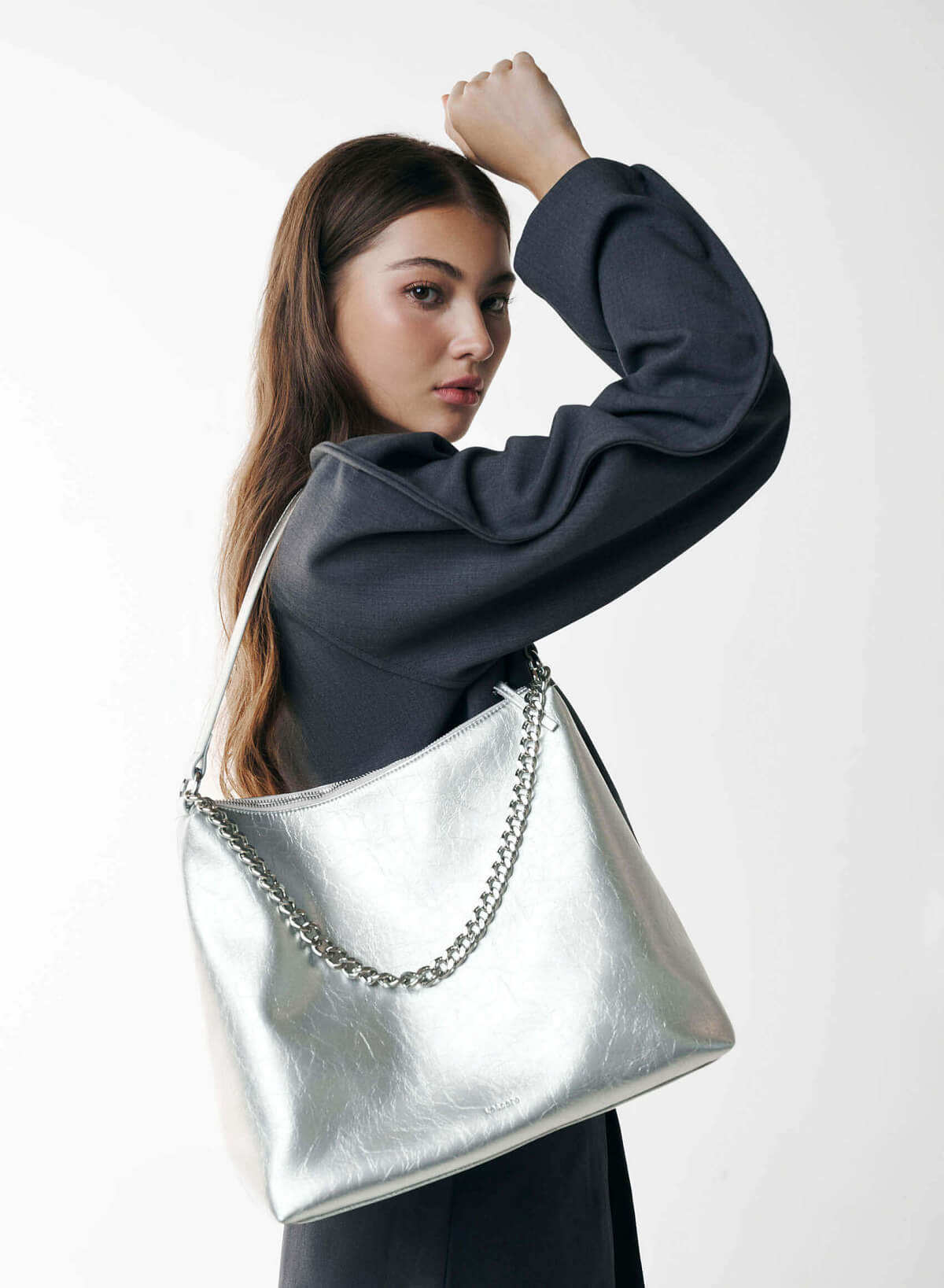 Chain Décor Soft Shoulder Bag - TTE 0174 - Silver - vascara.com