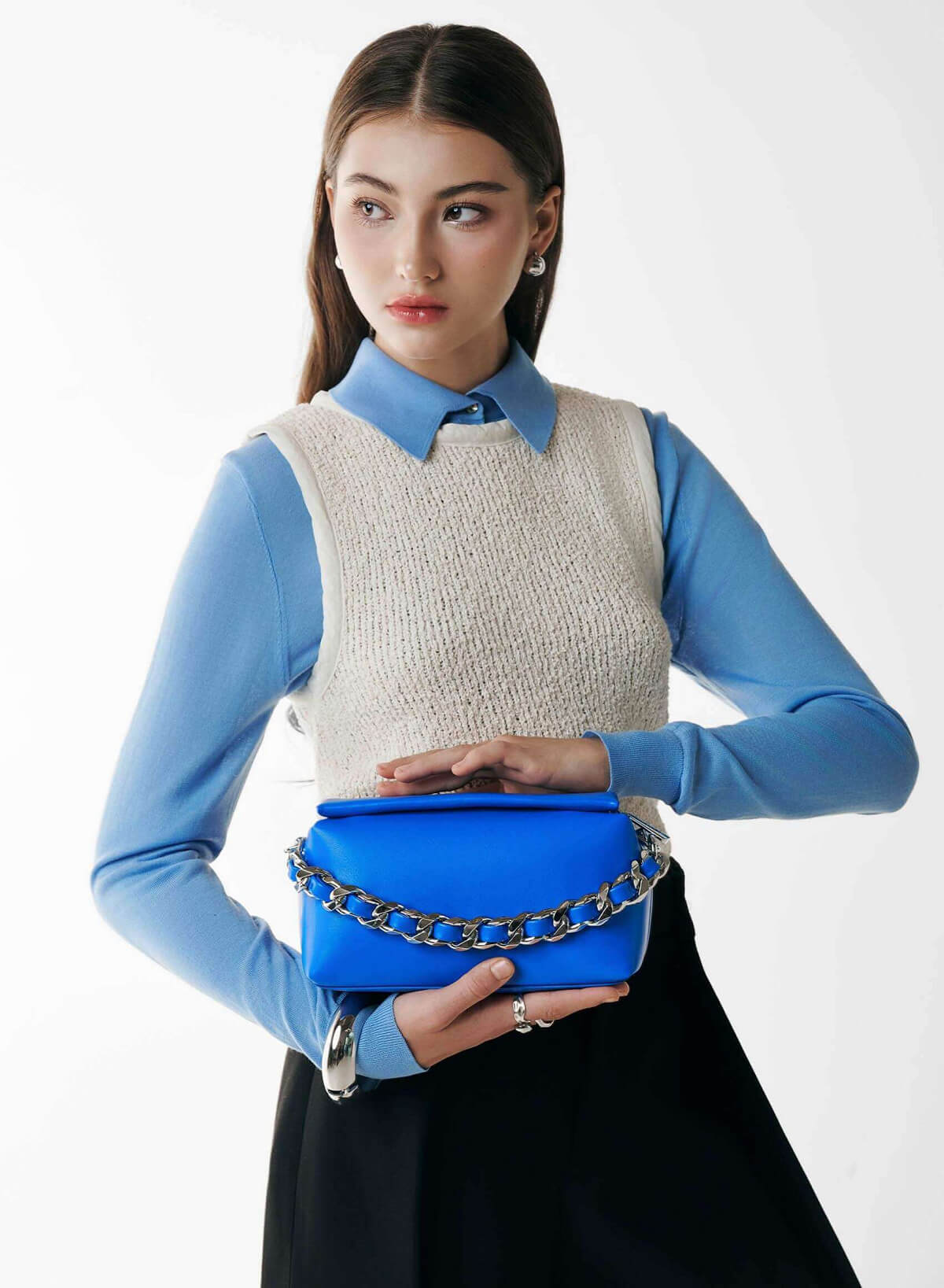 Chain Décor Strap Box Bag - MES 0260 - Blue - vascara.com