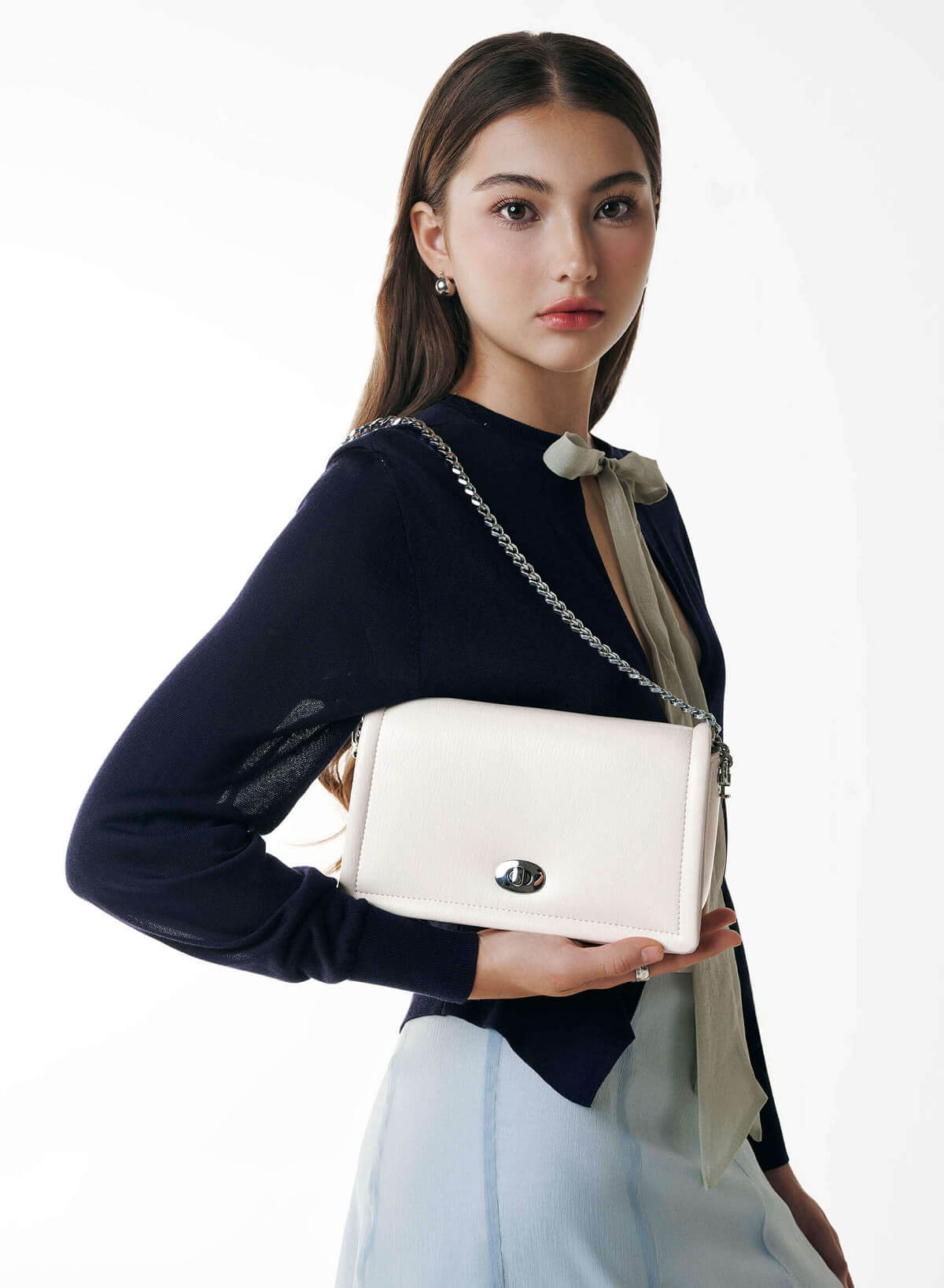 Twist Lock Flap Shoulder Bag - MES 0259 - Cream - vascara.com