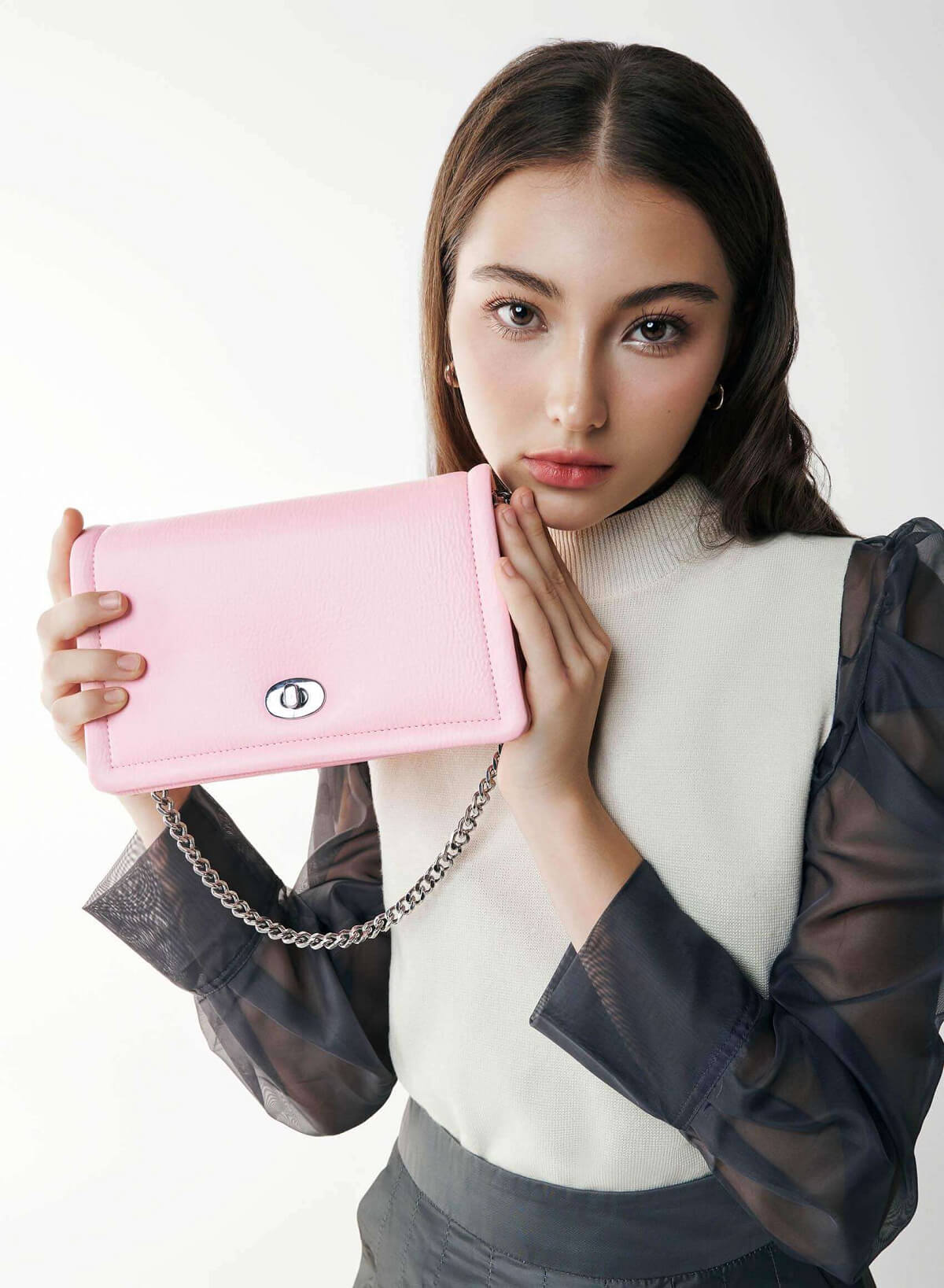 Twist Lock Flap Shoulder Bag - MES 0259 - Light Pink - vascara.com