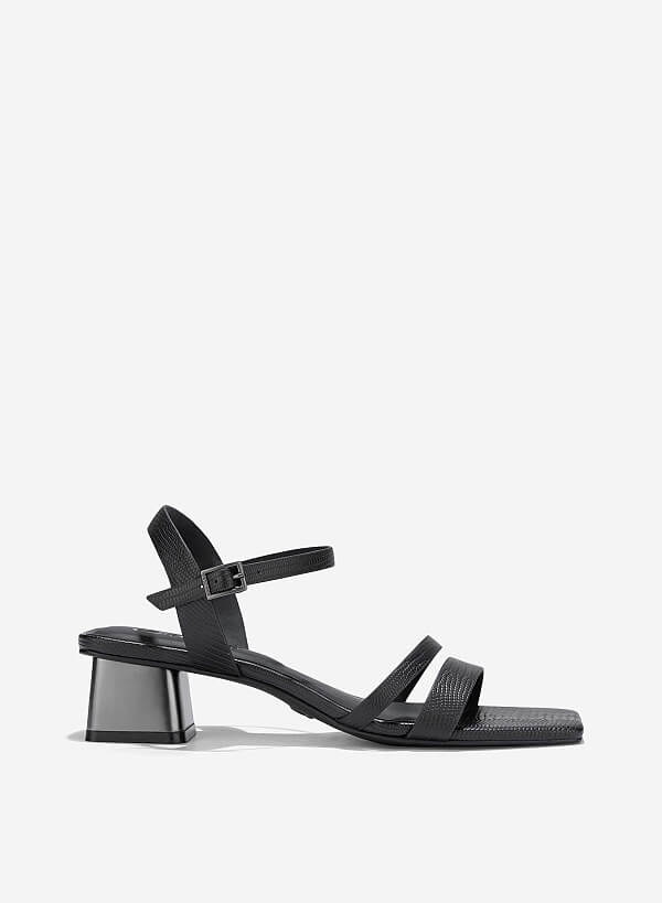 Giày sandals vân kỳ đà nhấn gót aluminium