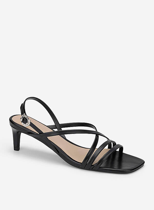 Giày sandals strappy kitten heel nhấn khóa trang trí