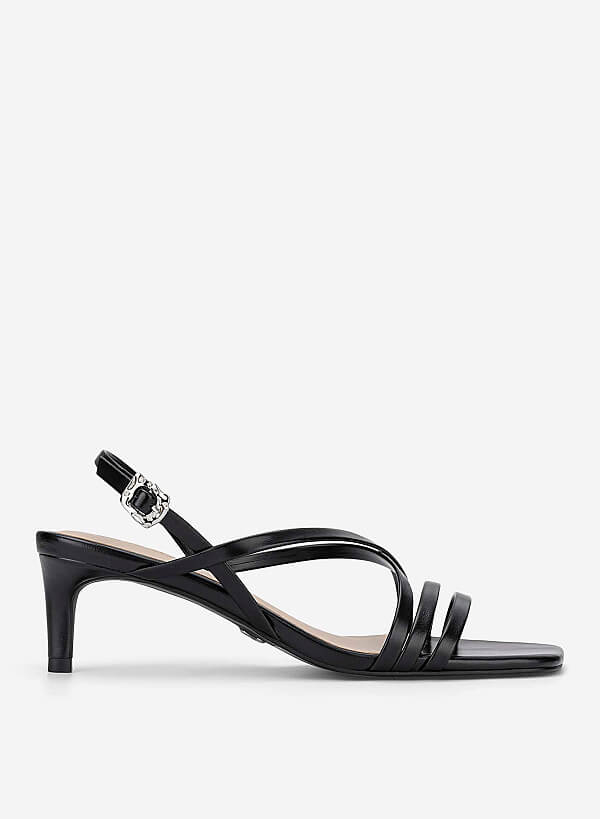 Giày sandals strappy kitten heel nhấn khóa trang trí