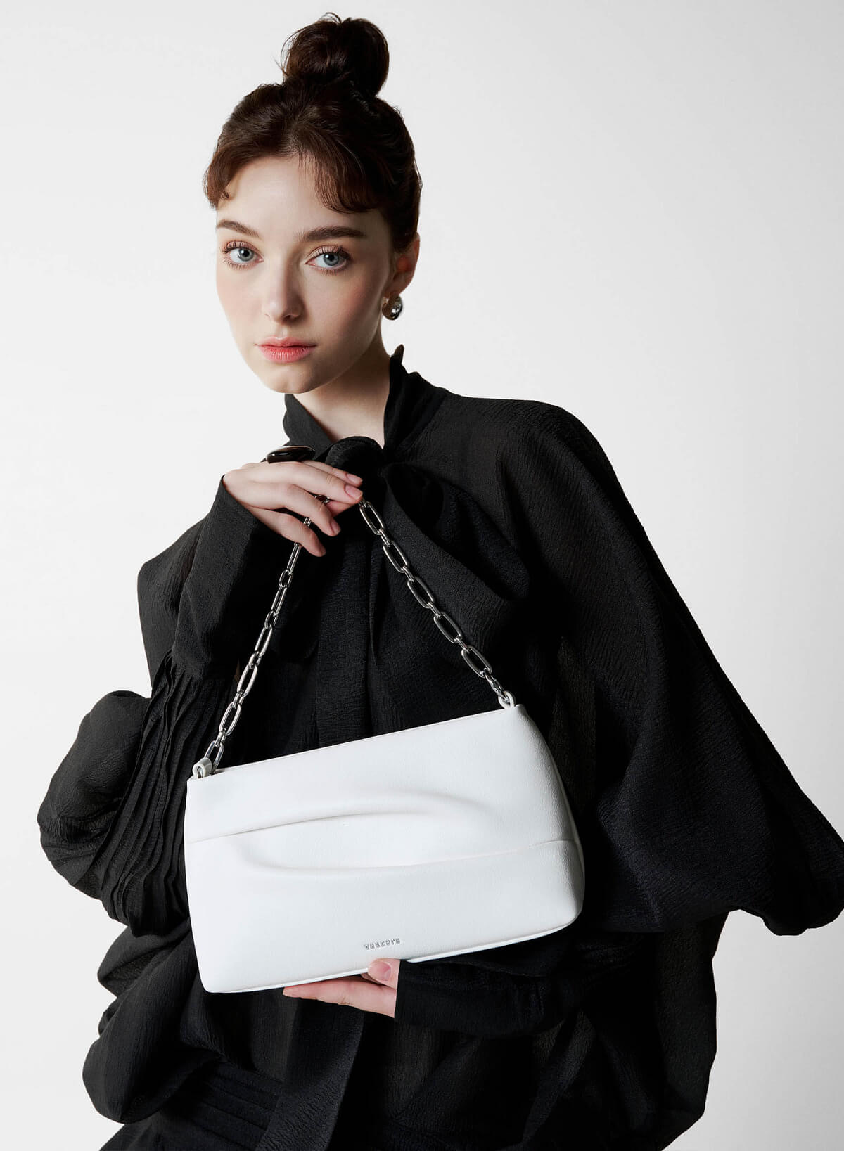 Pleated Chain Style Shoulder Bag - MES 0261 - White - vascara.com