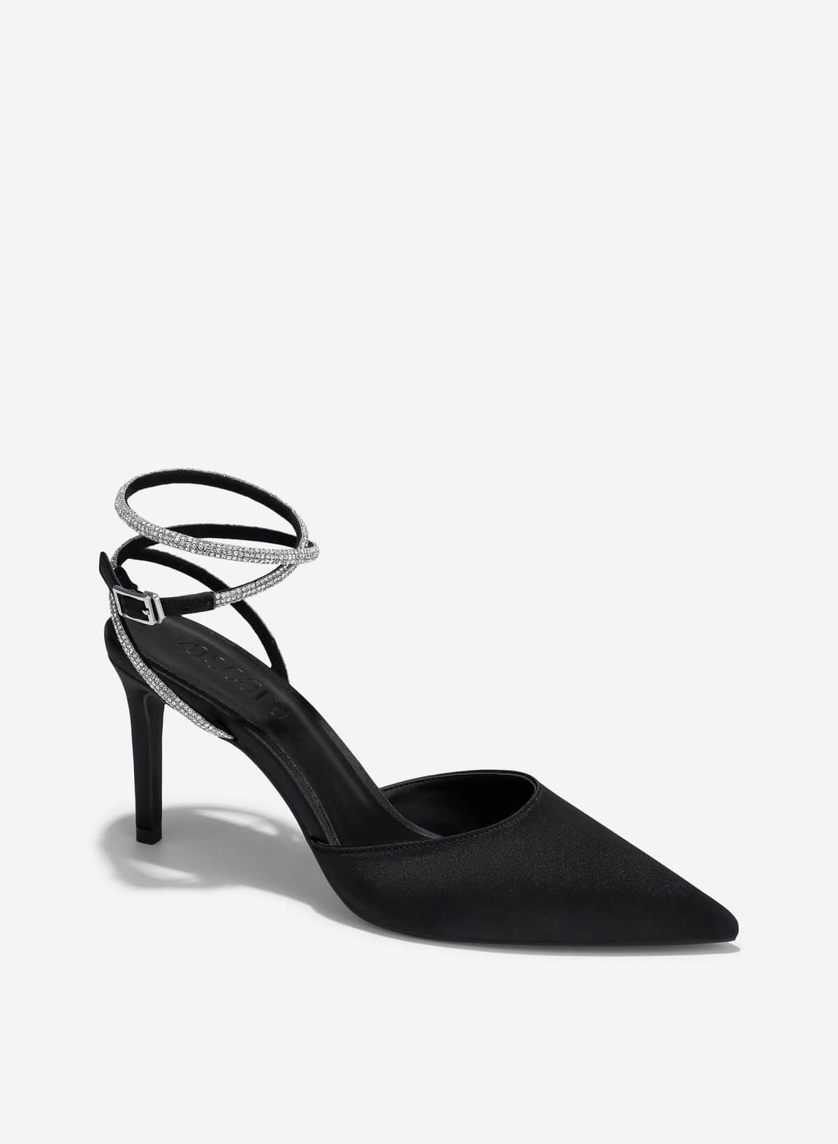 Point-Toe Sparkle Ankle Strap Pumps - HIG 0646 - Black - vascara.com